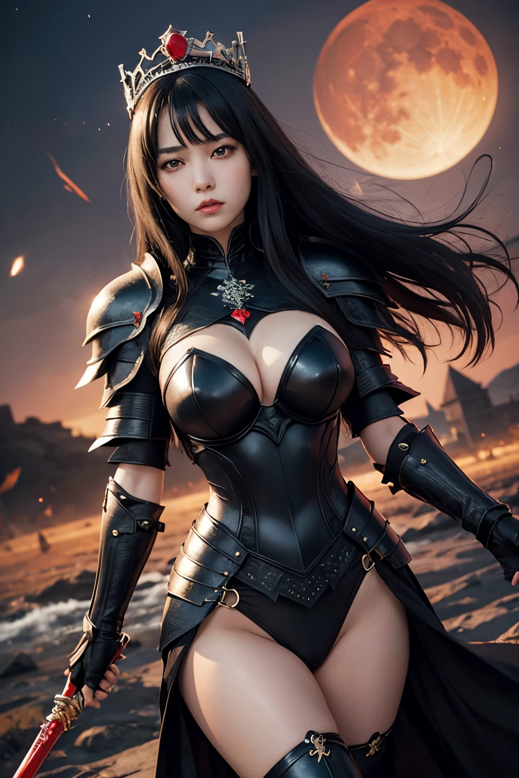 Female , Black hair , Large breasts，Black armor panty，tiara crown，dramatics , in the red moon ,