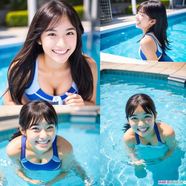 College Student Woman、same face as last time、She has a natural smile、School swimsuit。the pool would be a good background。pure、Please take a look at the facial expressions that express the fun and atmosphere of school.。.。Pay attention to bright colors and details.。Please keep your face the same as before..。