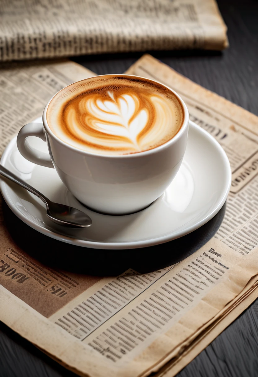 A cup of cappuccino, white ceramic coffee cup on an old English newspaper, on a simple black tabletop, a stainless steel coffee spoon on the coffee saucer, the cup is placed in the frame 1/3 of the composition, warm colors, Canon, f/4.5,medium view, 8KHD