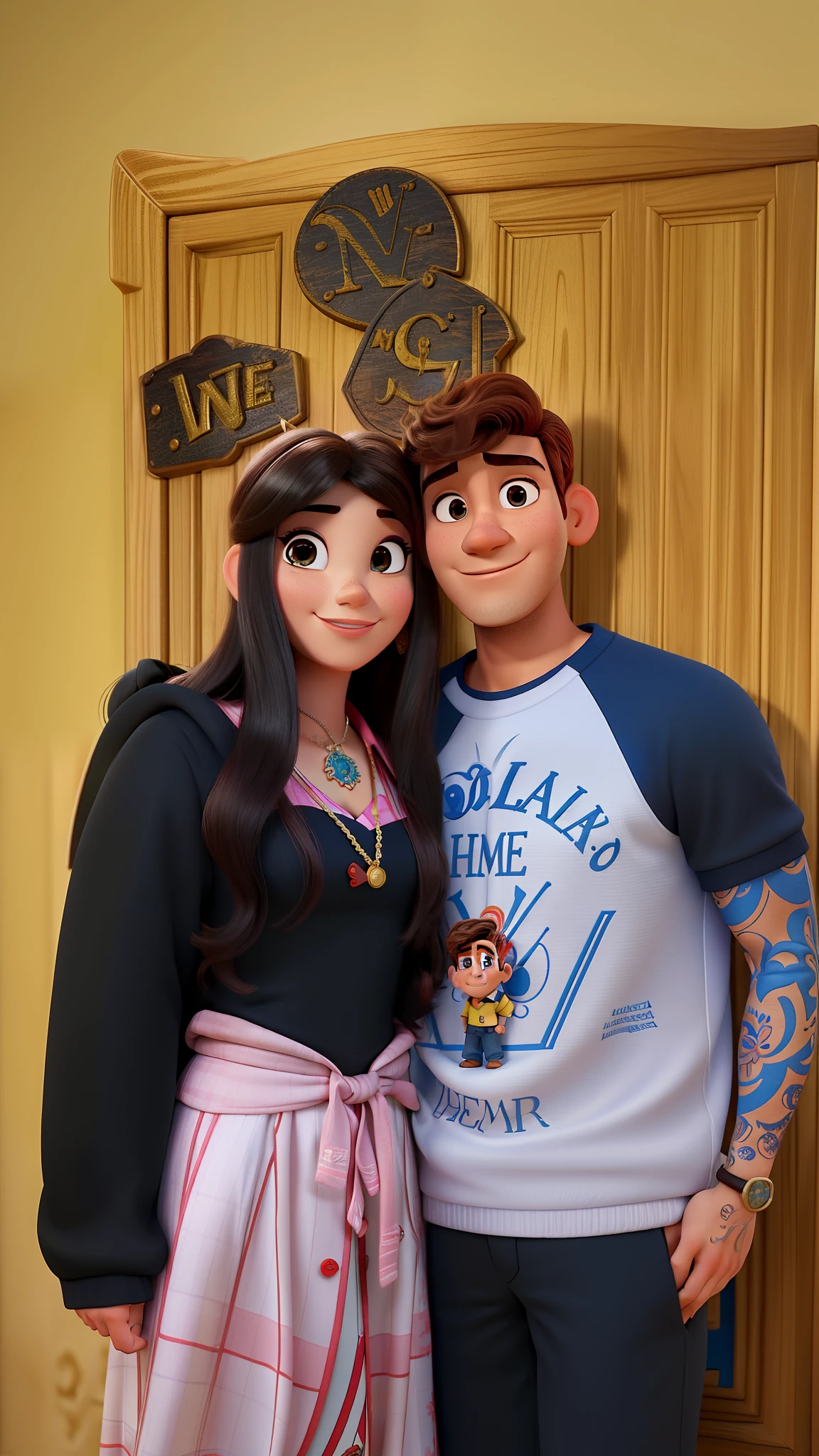 Casal (mulher branca e homem moreno) no estilo Disney Pixar, alta qualidade, melhor qualidade.