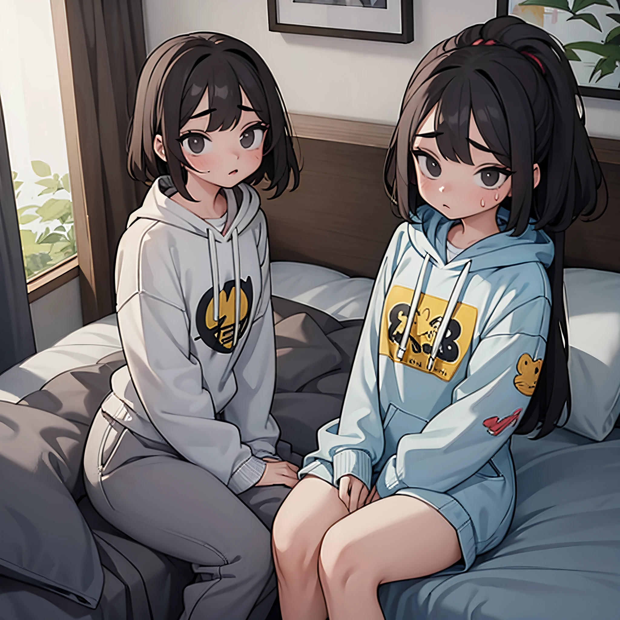 1female, cute, Long, straight black hair, Piercing black eyes, Casual attire: hoodie and sweatpants, sitting on the bed,