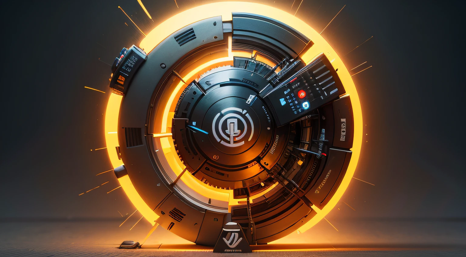 um close de um logotipo circular, fan art, vibrant fan art, reator do arco, renderizado em keyshot, design do escudo, Arte conceitual de um reator a arco, Cyberpunk, emblema do escudo.