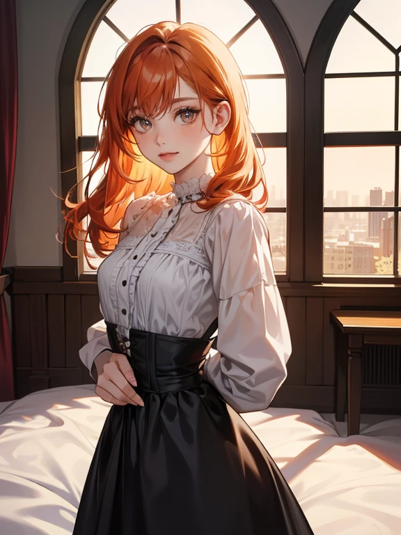 (absurdres, highres, ultra detailed), couple, 1 boy 1 girl, different hair color, (1 female with long red-orange hair wearing black nightgown, facing the front, looking to the side, blushing expression), (1 tall male with blonde hair, wearing a white shirt, open chest, hugging female from behind, looking at female) (background: Victorian room, victorian window showing evening sky)
