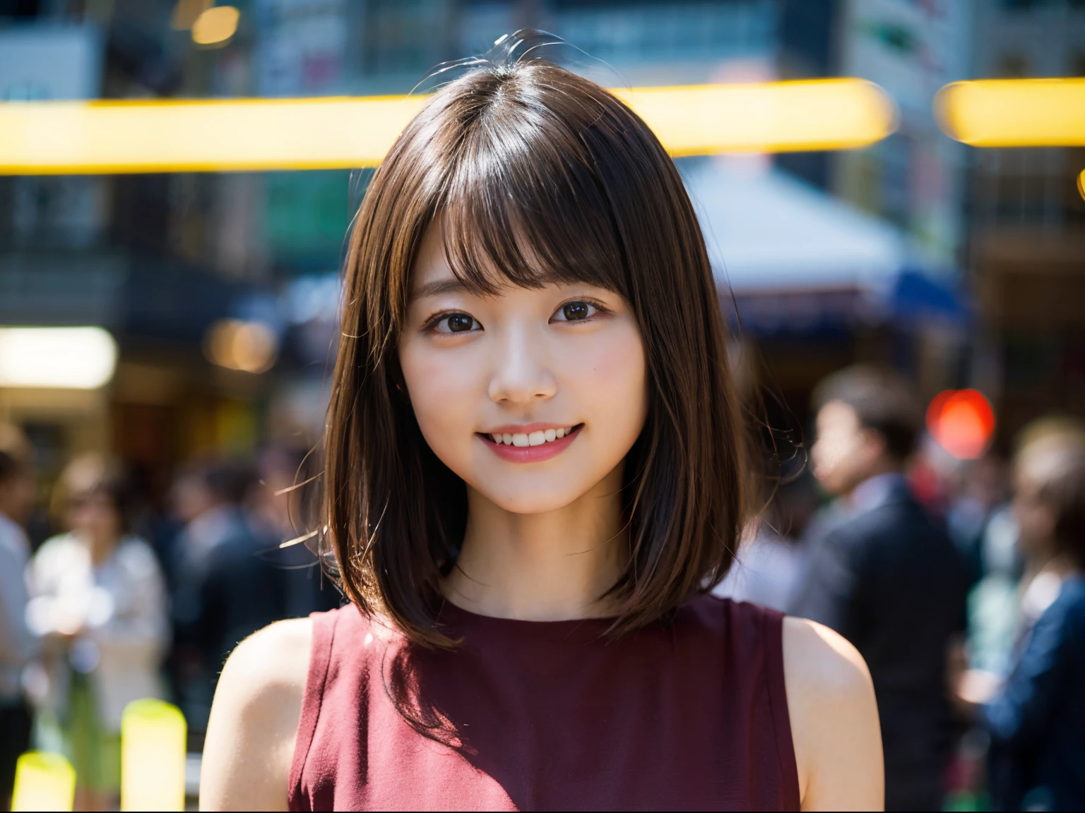 (8K、Raw photography、top-quality、masterpiece:1.2)、(realisitic、Photorealsitic:1.37)、ultra-detailliert、超A high resolution、女の子1人、see the beholder、beautifull detailed face、A smile、Constriction、(Slim waist) :1.3)、Beautiful detailed skin、Skin Texture、Floating hair、Professional Lighting、Whole human body、Short bob hair、Bob Hair、Happy smile、17 age、a baby face、Red ribbons、With natural makeup、Casual clothes to wear on holidays