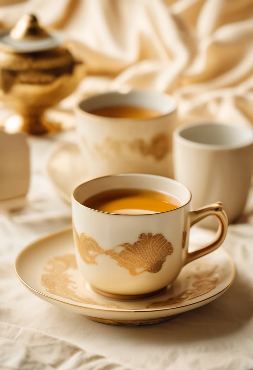 Ceramic Mark Cup, Cream Color, Luxurious Fabric, Oriental Aesthetics, Minimalism, Instant Film, Canon EOS R, High Definition 8K.