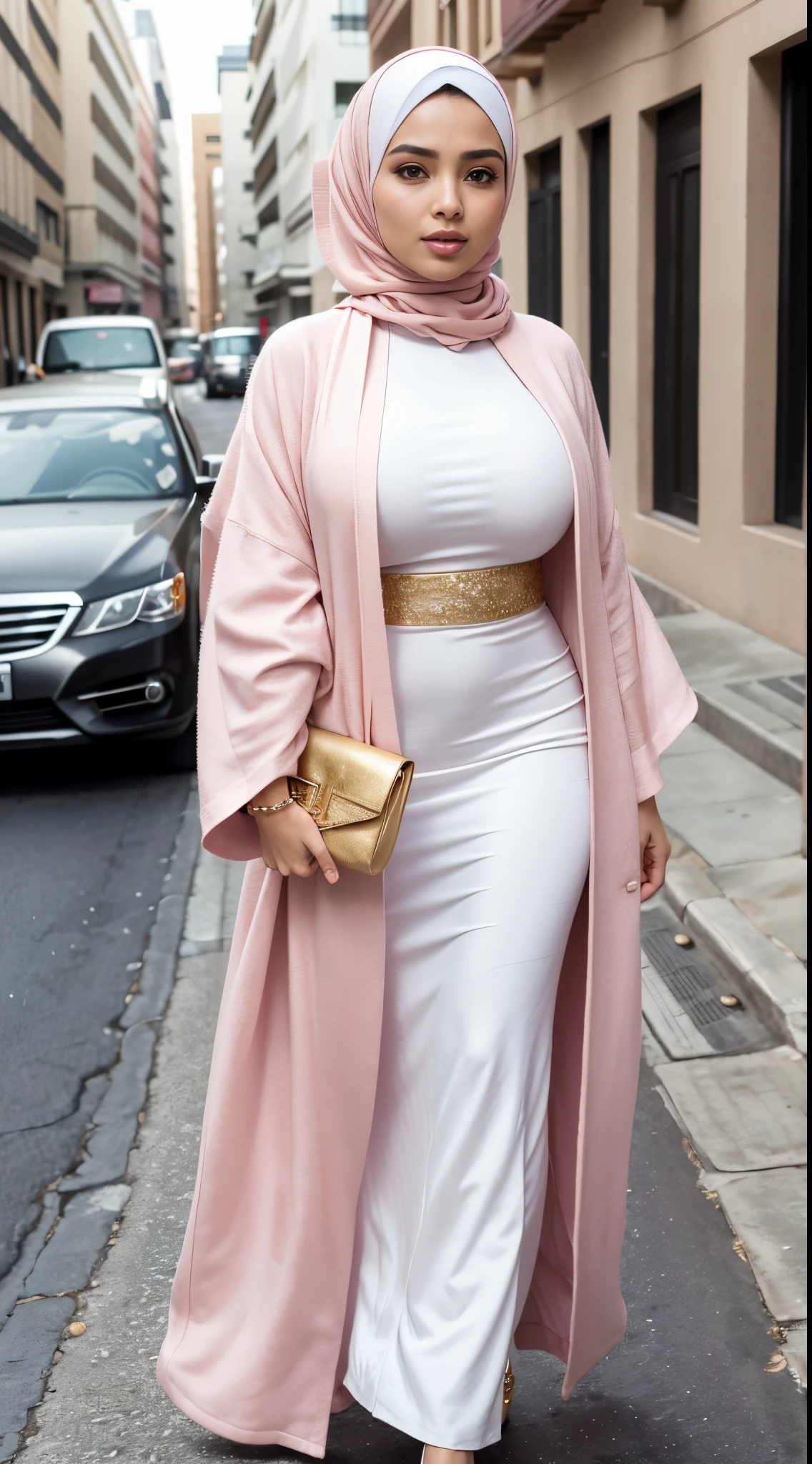 RAW, Best quality, high resolution, masterpiece: 1.3), beautiful Malay woman on hijab (iu:0.8),((big breast)), perfect nose,perfect lips, perfect eyes,( detail :1.2) , woman in white dress and pink cardigan standing on street, white and light-pink outfit, white hijab, white and pink, dressed with long fluent clothes, pale pink and gold kimono, wearing beautiful clothes, african ameera al taweel, wearing an elegant outfit, long beautiful flowing kimono, feminine in cute pastel shades, long flowing white robe, pastel pink