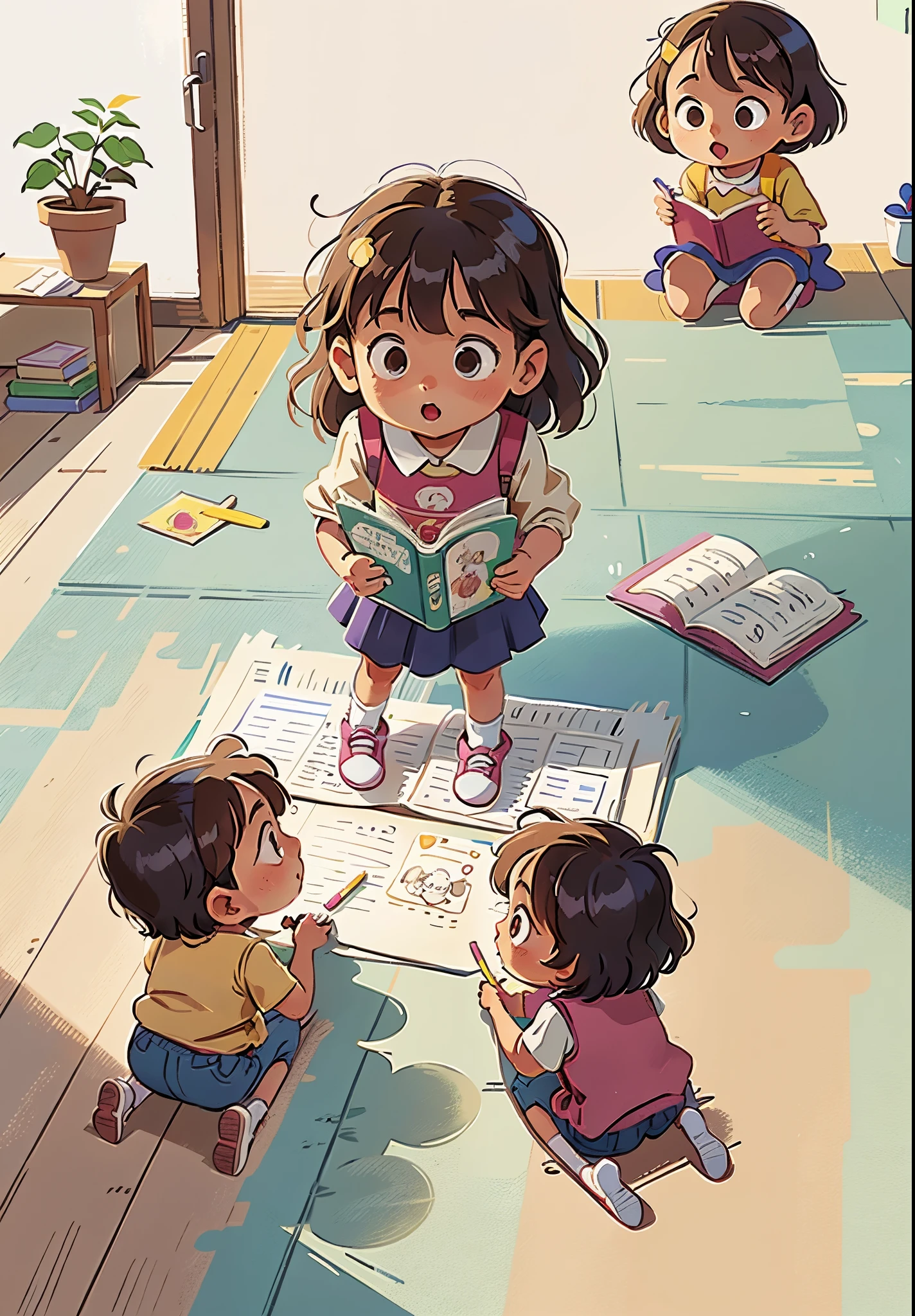 There are two children drawing on paper on the floor, children's book illustrations, children's book illustrations, KIDS ILLUSTRATION, children's book illustrations, children's book illustrations, Children's book illustration, children's book illustrations, children illustration, Children's illustration, Children\'s book drawing, children illustration, colorful kids book illustration, children's book drawing, Children\'s illustration