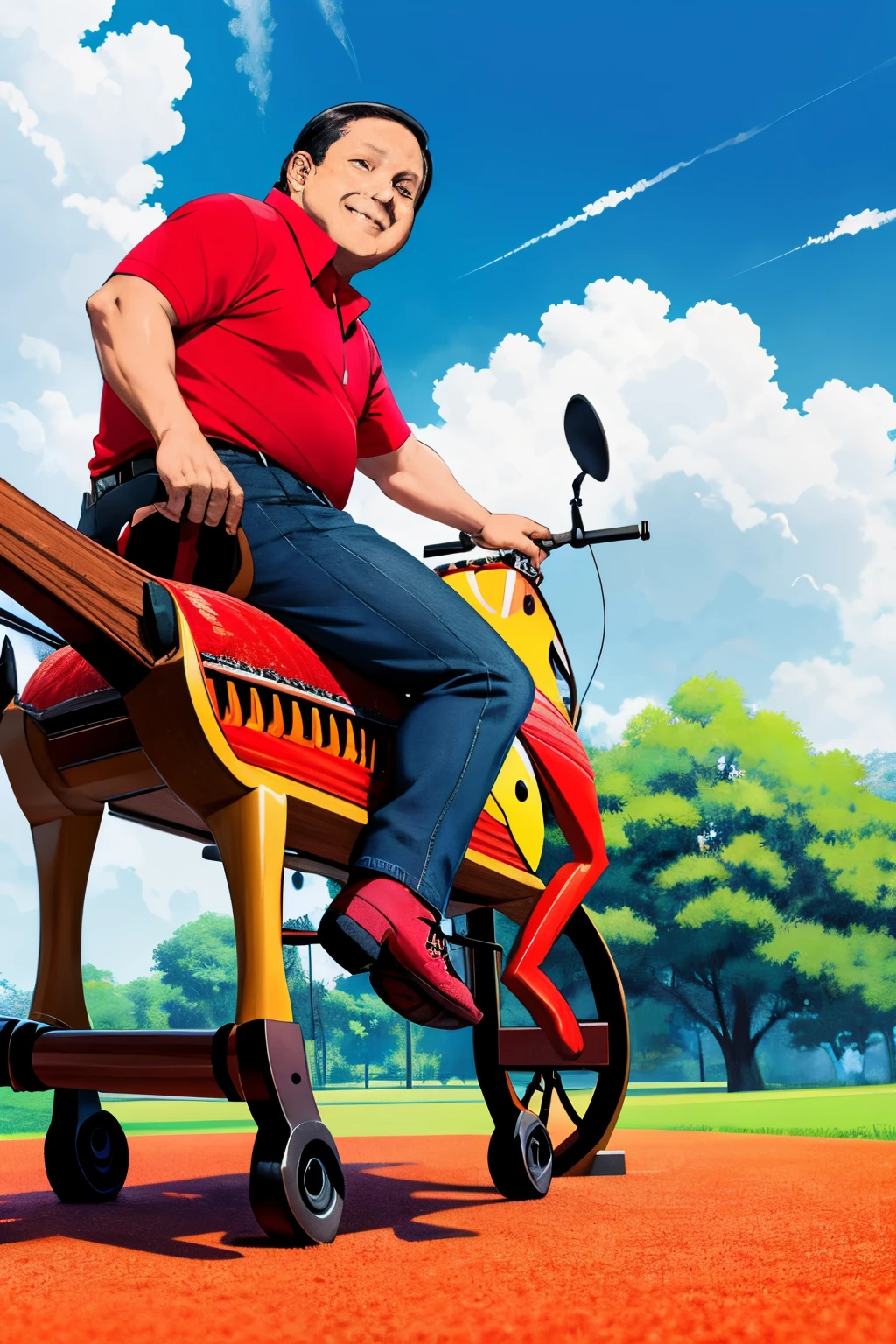 illustration of Prabowo, round faced man sitting on a rocking horse in the park, tantrum, broken toys on the ground, long shot, wide angle, Sunny, bright colors, anime style, less detail