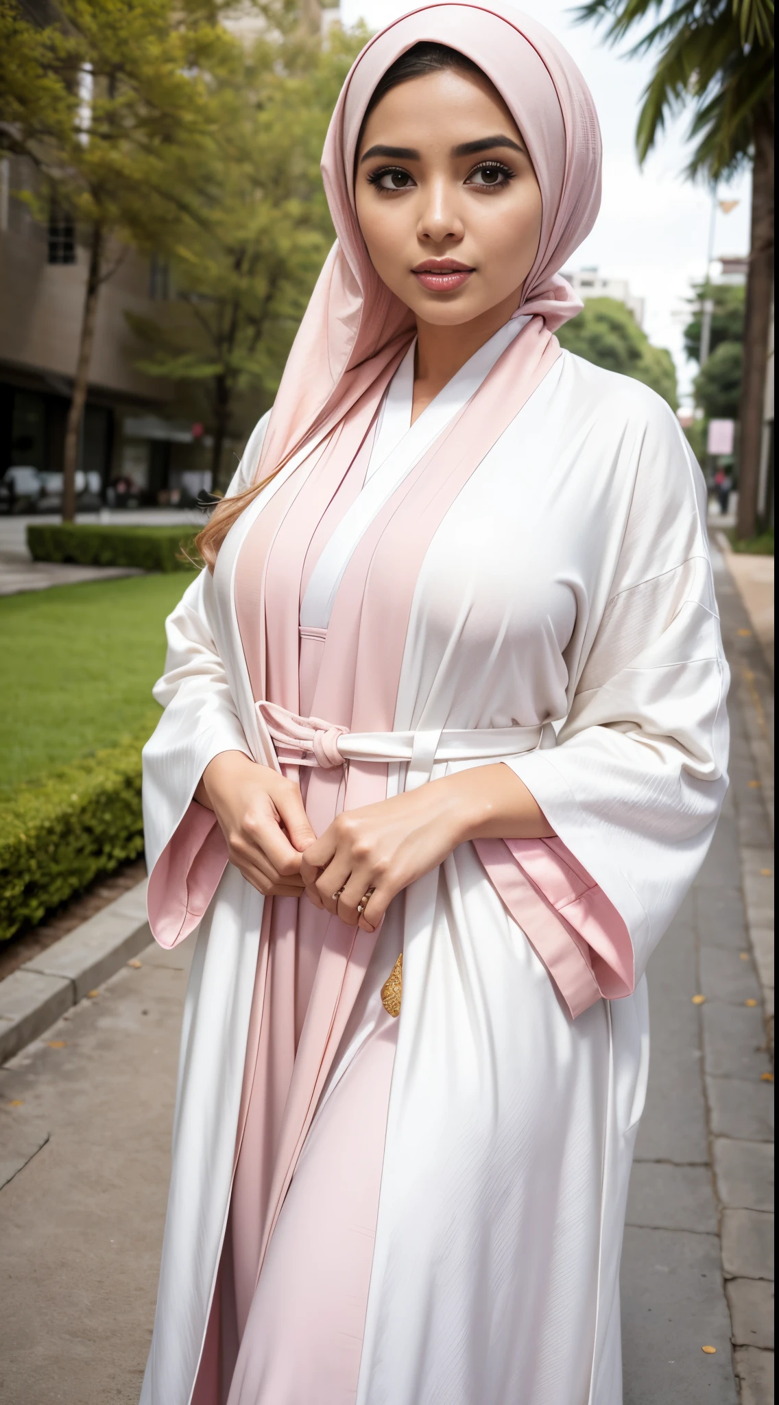 RAW, Best quality, high resolution, masterpiece: 1.3), beautiful Malay woman on hijab (iu:0.8),((big breast)), perfect nose,perfect lips, perfect eyes,( detail :1.2) , woman in white dress and pink cardigan standing on street, white and light-pink outfit, white hijab, white and pink, dressed with long fluent clothes, pale pink and gold kimono, wearing beautiful clothes, african ameera al taweel, wearing an elegant outfit, long beautiful flowing kimono, feminine in cute pastel shades, long flowing white robe, pastel pink