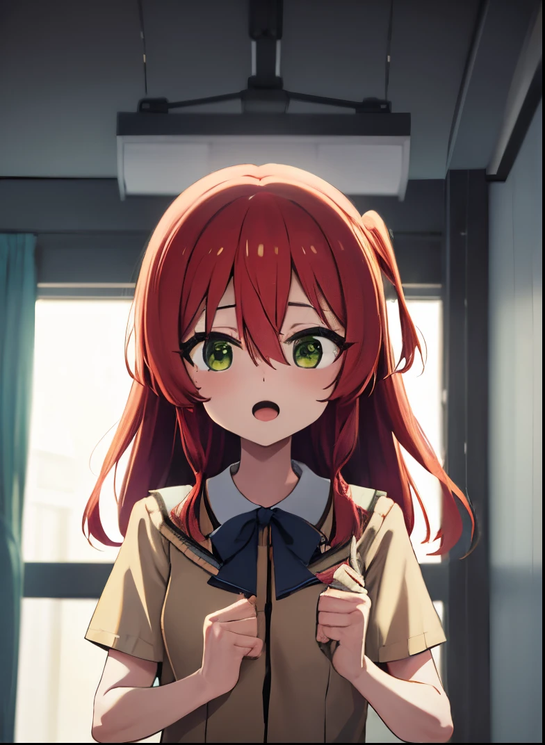 kitaikuyo, ikuyo kita, (green eyes:1.5), hair between eyes, long hair, one side up, red hair, (flat chest:1.2),
BREAK black footwear, black skirt, grey sailor collar, pleated skirt, sailor collar, school uniform, shoes, short sleeves, shuka high school uniform, skirt,,
BREAK looking at viewer,
BREAK indoors, classroom,
BREAK (masterpiece:1.2), best quality, high resolution, unity 8k wallpaper, (illustration:0.8), (beautiful detailed eyes:1.6), extremely detailed face, perfect lighting, extremely detailed CG, (perfect hands, perfect anatomy),up chest.big breasts.Sad face.open mouth.