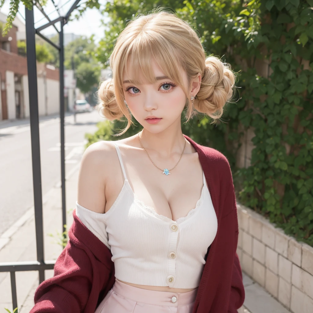 absurderes, (((独奏:1.5))),ultra-detailliert,bright colour, extremely beautiful detailed anime face and eyes, view straight on,(((D-Cup bust,cleavage of the breast))) shiny,18year old, asymmetrical bangs, Blonde hair with short twin tails, Shiny hair, Delicate beautiful face, red blush、(Turquoise eyes), White skin, hair clips, earrings, a necklace, Cardigan, Brown clothes,skirt by the