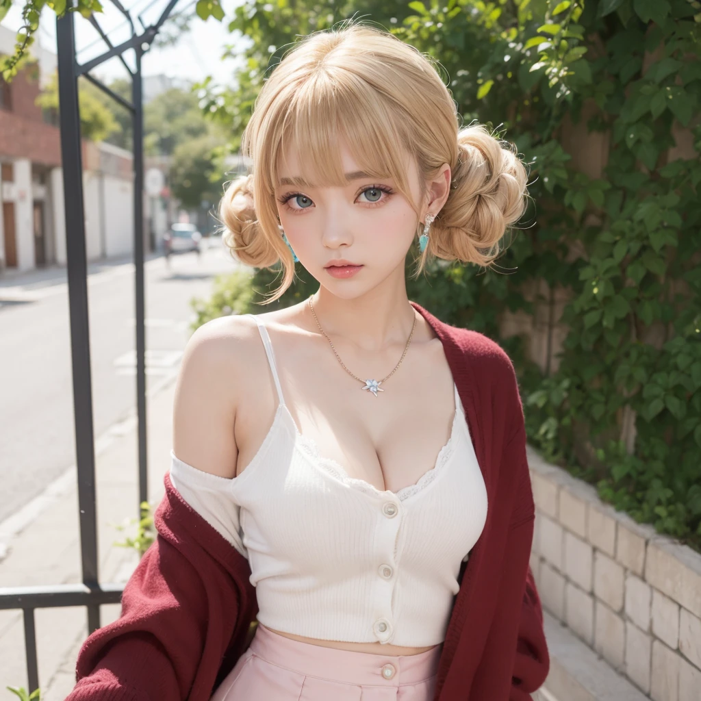 absurderes, (((独奏:1.5))),ultra-detailliert,bright colour, extremely beautiful detailed anime face and eyes, view straight on,(((D-Cup bust,cleavage of the breast))) shiny,18year old, asymmetrical bangs, Blonde hair with short twin tails, Shiny hair, Delicate beautiful face, red blush、(Turquoise eyes), White skin, hair clips, earrings, a necklace, Cardigan, Brown clothes,skirt by the
