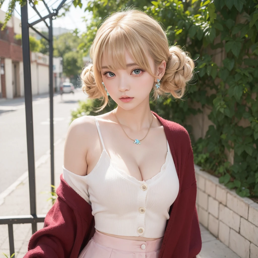 absurderes, (((独奏:1.5))),ultra-detailliert,bright colour, extremely beautiful detailed anime face and eyes, view straight on,(((D-Cup bust,cleavage of the breast))) shiny,18year old, asymmetrical bangs, Blonde hair with short twin tails, Shiny hair, Delicate beautiful face, red blush、(Turquoise eyes), White skin, hair clips, earrings, a necklace, Cardigan, Brown clothes,skirt by the