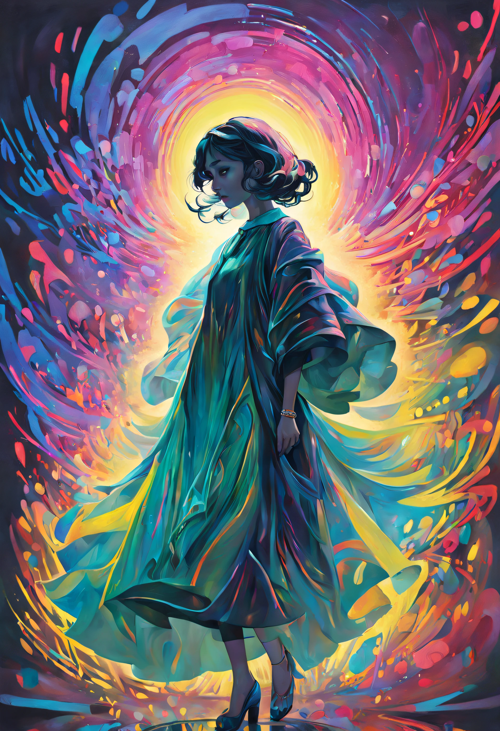 In a mesmerizing oil painting, a mysterious figure emerges from a haze of swirling colors. Their retro attire shines with metallic accents, while vibrant neon lights illuminate their expressionless face. The composition exudes nostalgia and intrigue, leaving viewers longing for a forgotten era. --ar 16:9 --v 5.2