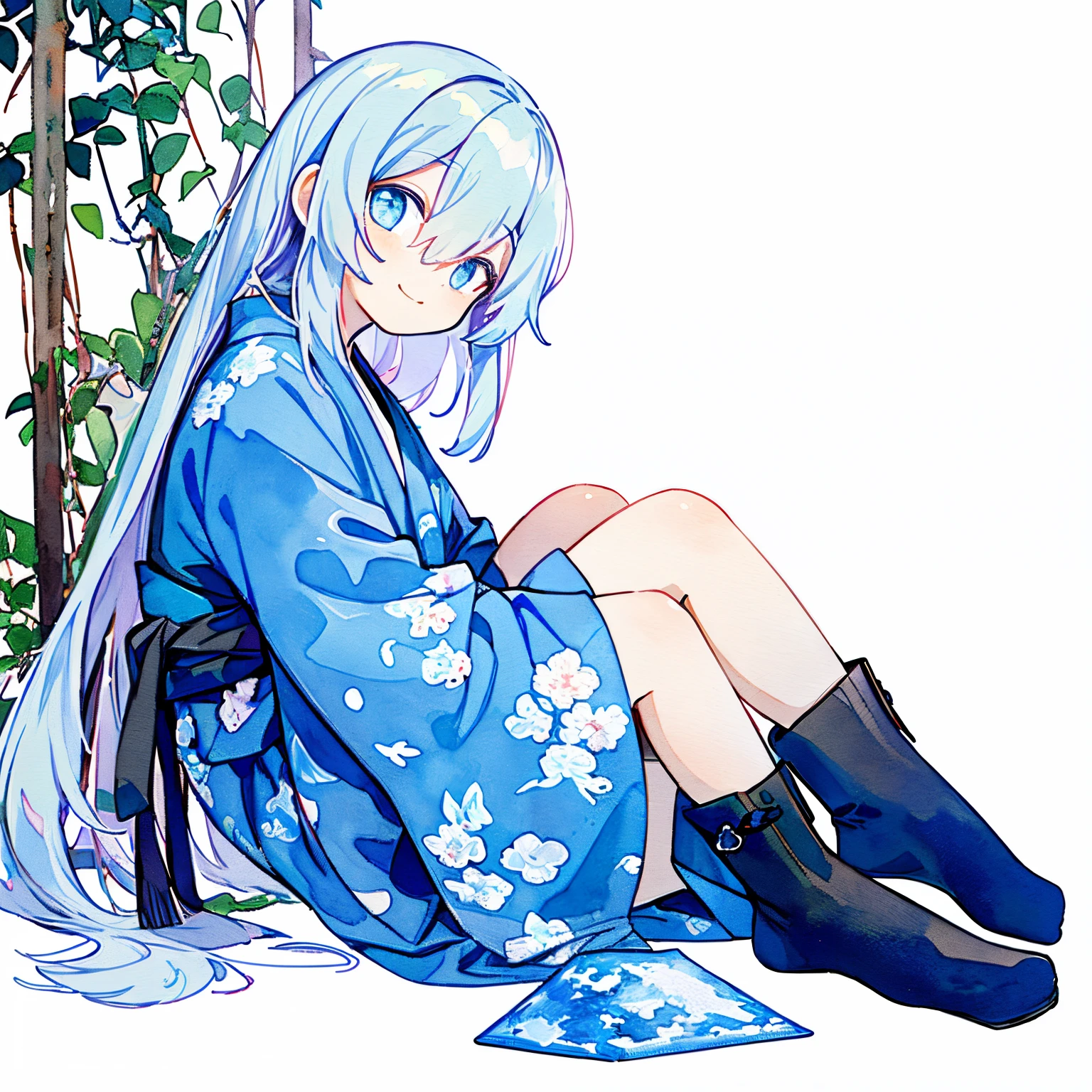 (PastelColors:1.5)、(Cute illustration:1.3)、(watercolor paiting:1.1)、white backgrounid、girl with、A smile、Beautifully detailed、Moya、colourfull、marble、Particles of light、patterns、、( Transparent watercolor, Ultra Low saturation,Low clarity, High brightness, Blurry pale background, White background, Simplified background, Flat Tone):1.8, 
Print of a woman wearing a green and white yukata and colorful flowers, Obi,  Strap Pads,  Rope binding,From Side, Tie clothes,  Morning glory vines wrapped around my arm , realistic glistening skin, (Strobe shooting):1.3, (Detailed indigo blue eyes, highlight in eyes):1.5, Detailed Cloth Texture, detailed hair texture,Full body:1.5,Morning glory