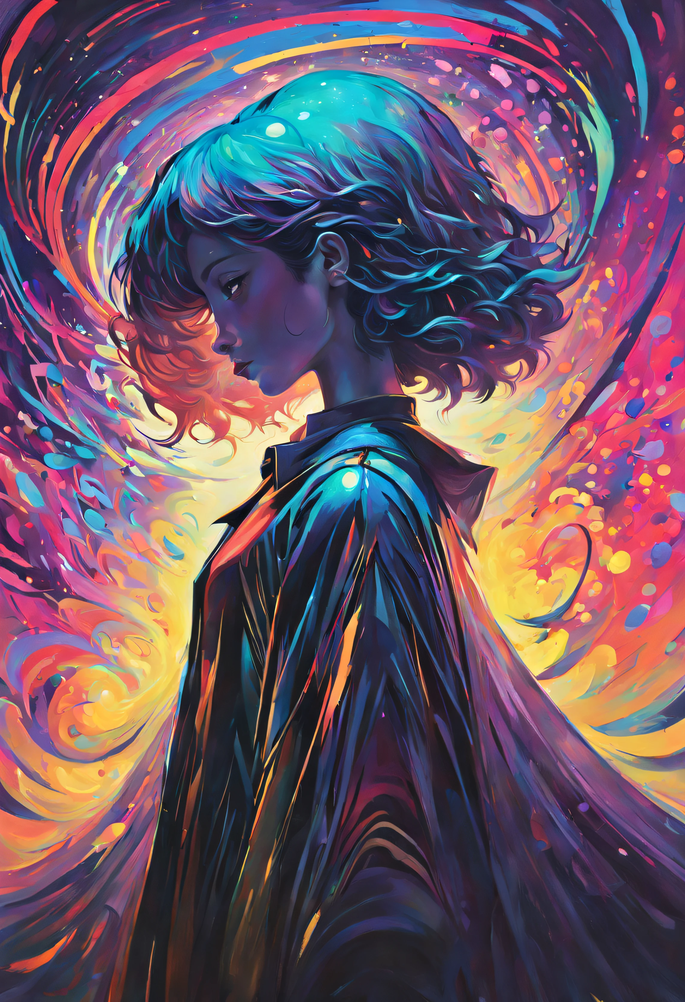 In a mesmerizing oil painting, a mysterious figure emerges from a haze of swirling colors. Their retro attire shines with metallic accents, while vibrant neon lights illuminate their expressionless face. The composition exudes nostalgia and intrigue, leaving viewers longing for a forgotten era. --ar 16:9 --v 5.2