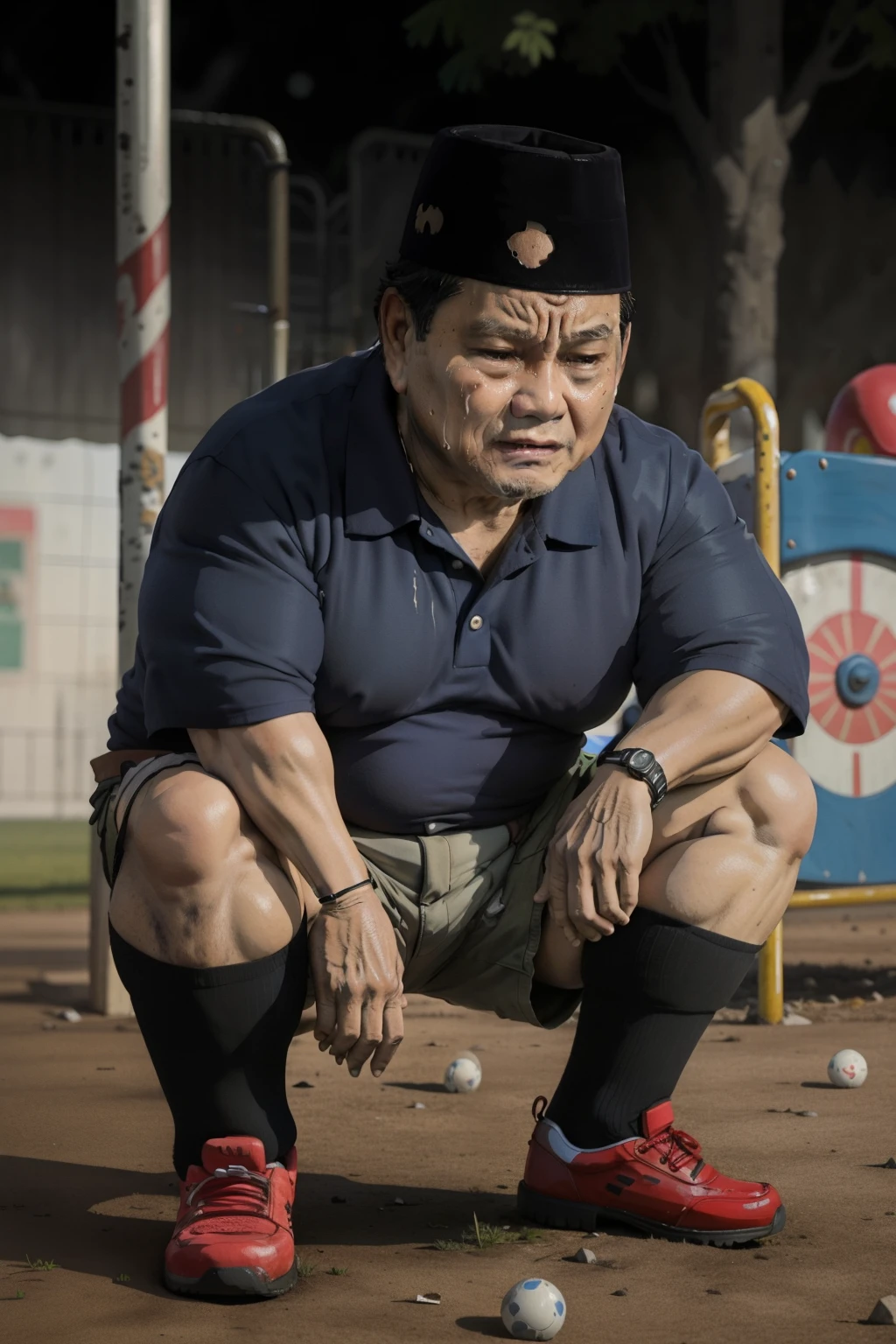 Prabowo, round faced older man, crying in the playground with broken toys on the ground, anime style, gloomy, mysterious, long shot