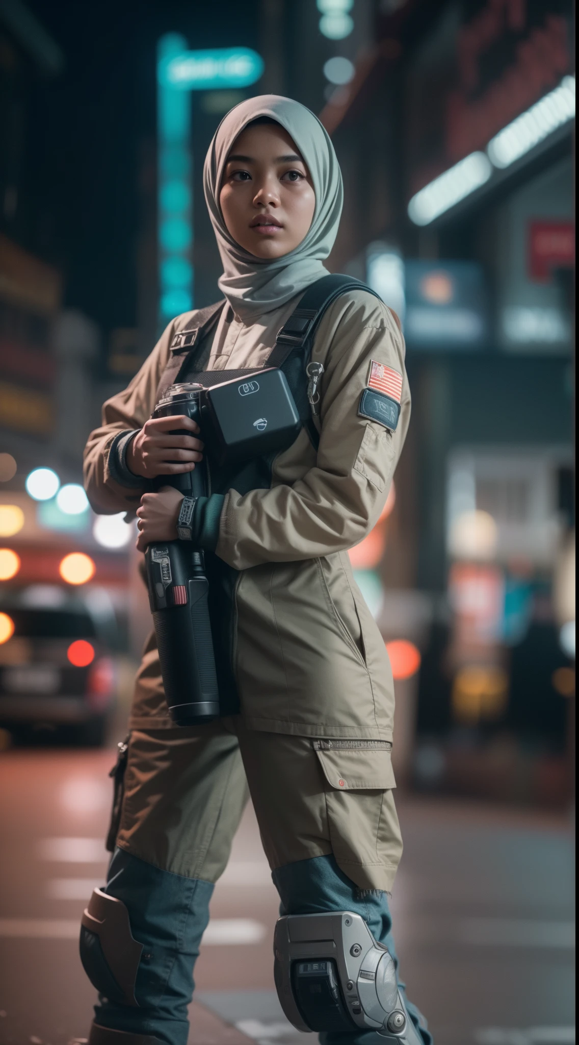 a malay teenage girl in hijab and mecha suit standing in action in front of bustling kuala lumpur malaysia city streets, serious face, nighttime, 35mm lense, Top-Down Shot, Deep Focus cinematography effect, Natural Lighting, cool-toned color grading, high quality, ultra detail, 8k resolution, 35mm lens, Extreme close-up, pastel color grading, depth of field cinematography effect, film noir genre, 8k resolution, high quality, ultra detail,