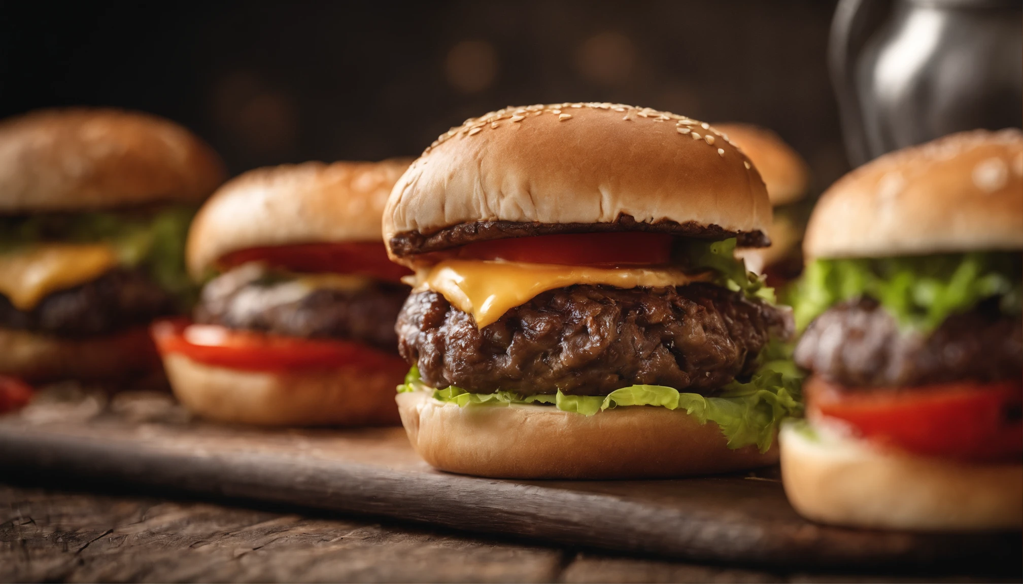 two hamburgers with cheese, onions, and tomatoes on a wooden cutting board, hamburgers, serving burgers, operating on burgers, high quality food photography, cheeseburger, shutterstock, big juicy burger, professional food photography, burger, eating burgers, hamburger, burger on a plate, food commercial 4k
