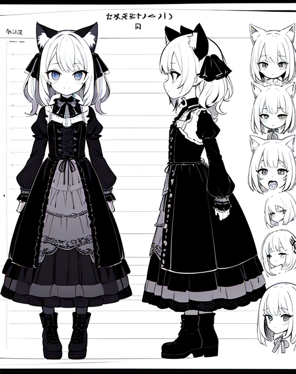 (Character Sheet,two different angles,Lateral face,frontage),Solo,A teenage girl , highlighted hair, Gothic lolita,line-drawing ,Cat's ears ,Character Sheet Details, Highly detailed body parts,Lori,