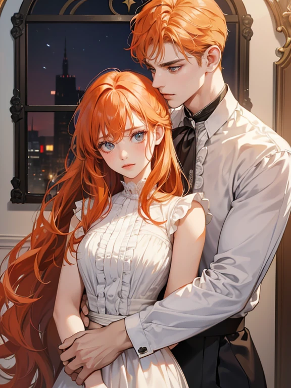 (absurdres, highres, ultra detailed), couple, 1 man, 1 woman, different hair color, (1 female with long red-orange hair wearing white nightgown, facing the front, looking to the side, blushing expression), (1 tall male with blonde hair, wearing a white shirt, open chest, hugging female from behind, looking at female) (background: Victorian room, victorian window)(atmosphere: gothic, romantic, night time, forbidden love)