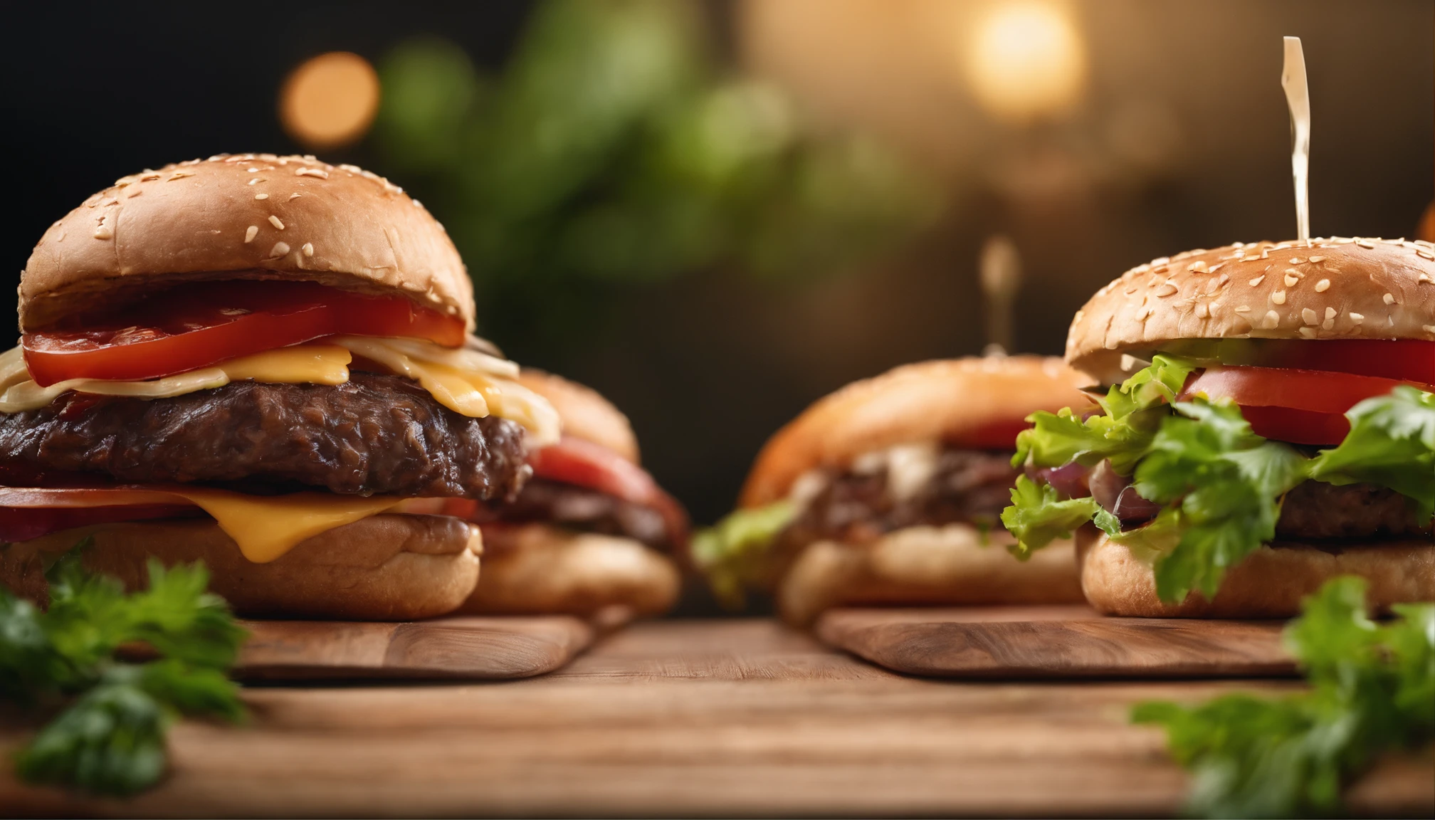 two hamburgers with cheese, onions, and tomatoes on a wooden cutting board, hamburgers, serving burgers, operating on burgers, high quality food photography, cheeseburger, shutterstock, big juicy burger, professional food photography, burger, eating burgers, hamburger, burger on a plate, food commercial 4k