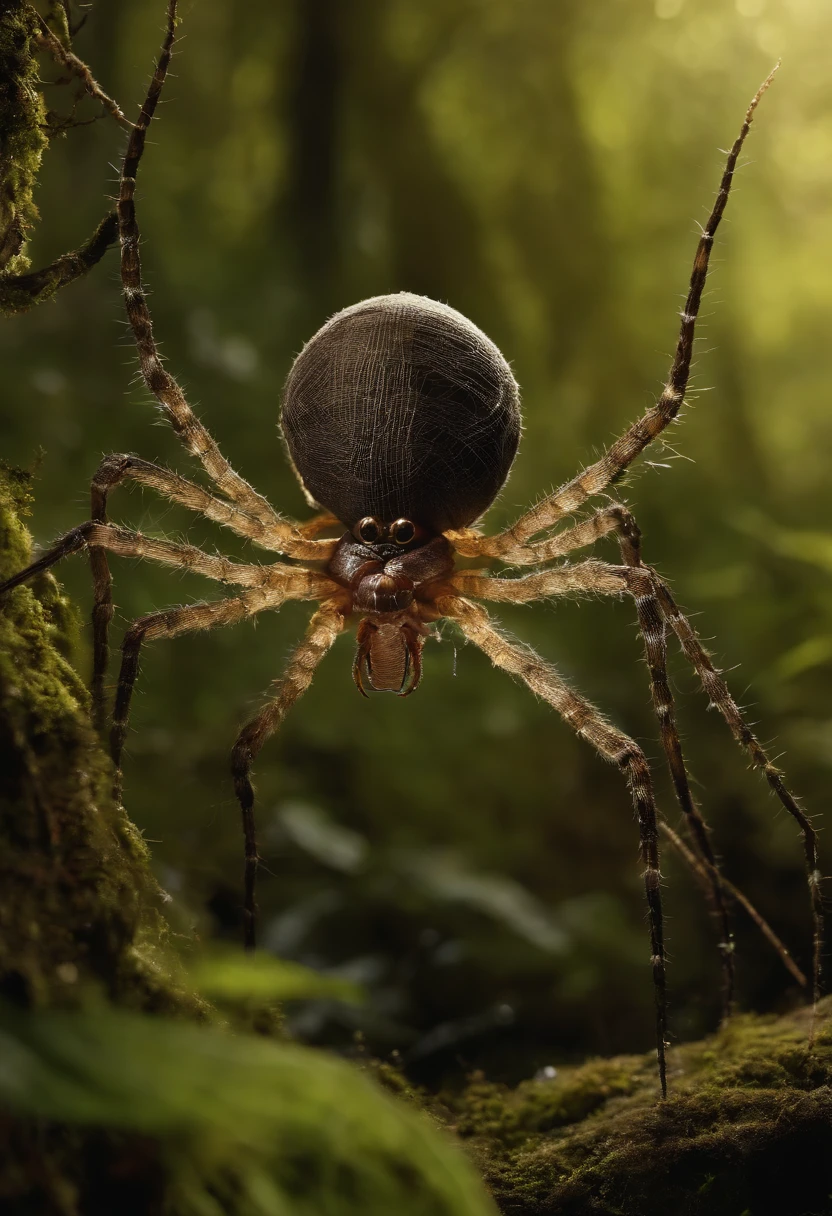 Aragog resting in her intricate web, carefully tending to the dew-covered silk threads as the morning light filters through the trees.,Harry Potter and the Chamber of Secrets,Aragog is an Acromantula, a giant spider