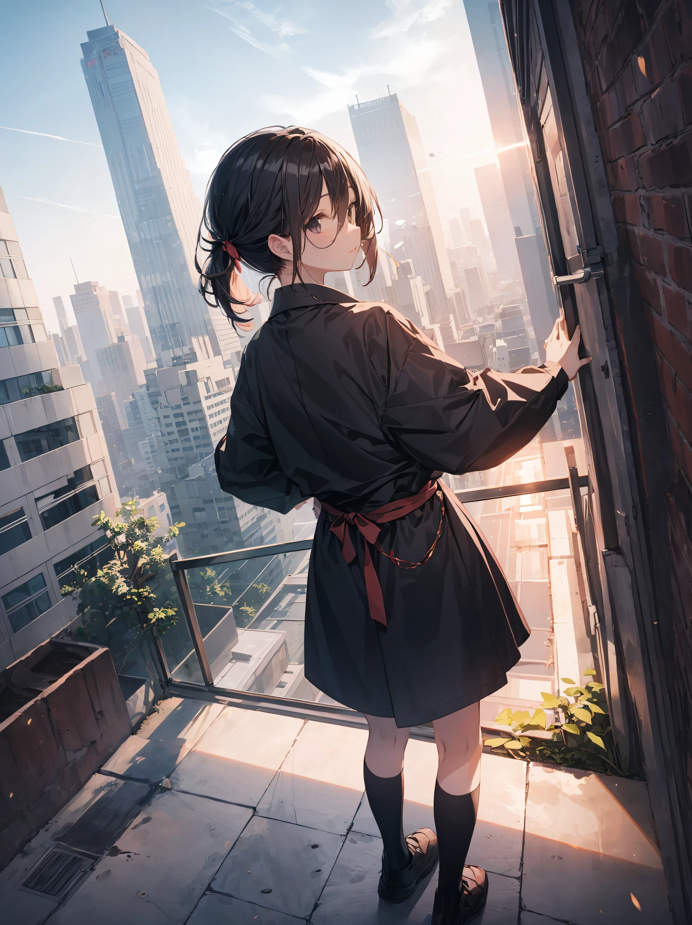 God quality, anime moe artstyle,best anime 8k konachan wallpaper,badass anime 8k,perfect anatomy, (Please draw a picture of a ninja girl looking down on the city from the rooftop.),break, 1girl, (Solo,Loli,child,13-year-old:1.3), androgynous charm, (Very Short hair), blunt bangs, Full limbs, complete fingers,flat chest, Small butt, groin, Small eyes,finely 8k detailed beautiful black eyes, kunoichi uniform, stand on the skyscraper rooftop. break,ultra-detailed,high resolution,super detailed skin, professional lighting, (cool illustration:1.2),from above and side,dutch angle,