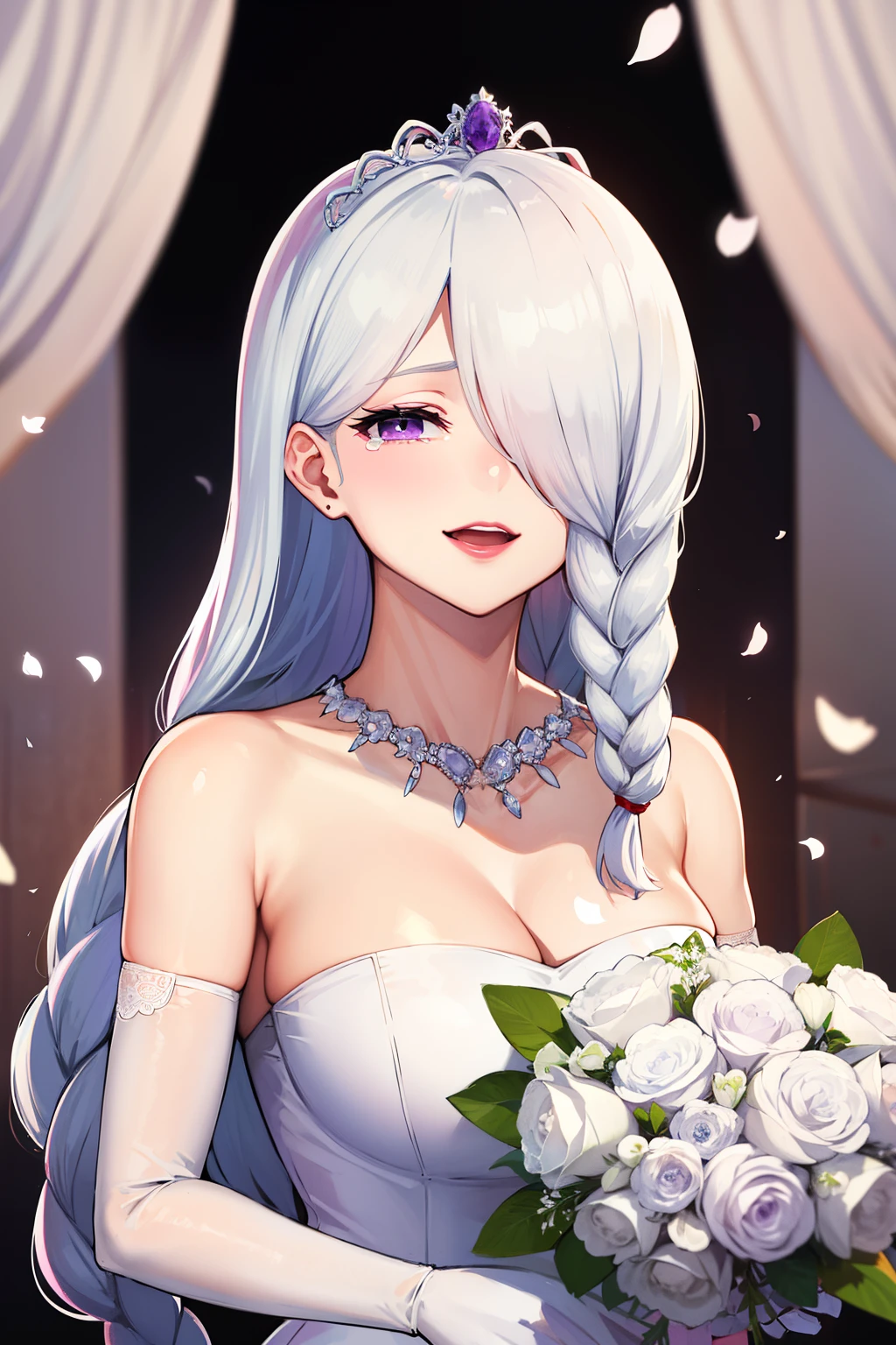 masterpiece, best quality, highres, aaichika,  tiara, bridal veil, necklace, cleavage, wedding dress, strapless dress, white dress, white gloves, elbow gloves, garden on background, smile, open mouth, tears, upper body, confetti, holding bouquet, bouquet,mei mei, long hair, very long hair, braid, (hair over one eye:1.5), braided ponytail, one eye covered, braided bangs, (purple eyes:1.1), Purple lipstick on the lips