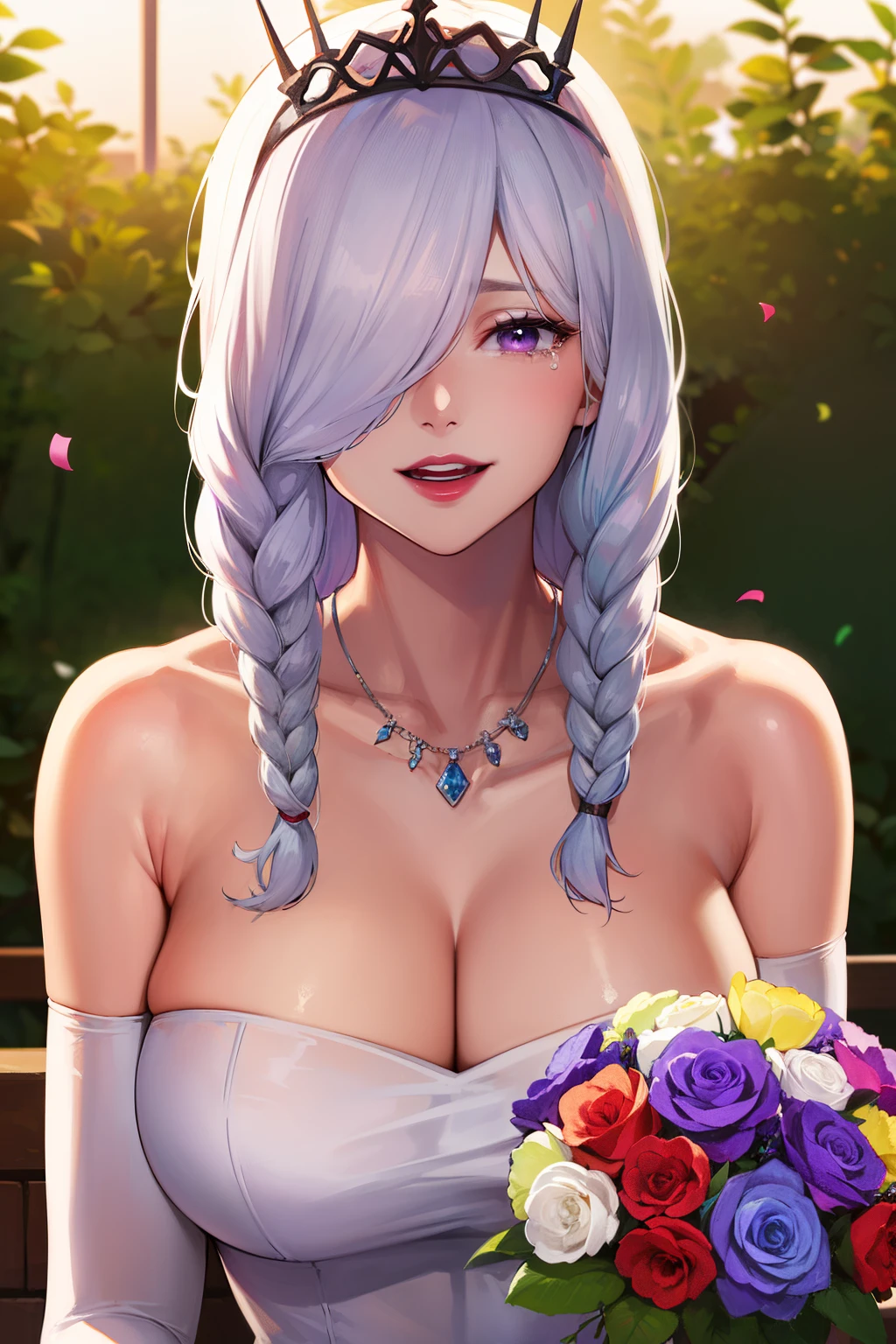 masterpiece, best quality, highres, aaichika,  tiara, bridal veil, necklace, cleavage, wedding dress, strapless dress, white dress, white gloves, elbow gloves, garden on background, smile, open mouth, tears, upper body, confetti, holding bouquet, bouquet,mei mei, long hair, very long hair, braid, (hair over one eye:1.5), braided ponytail, one eye covered, braided bangs, (purple eyes:1.1), Purple lipstick on the lips