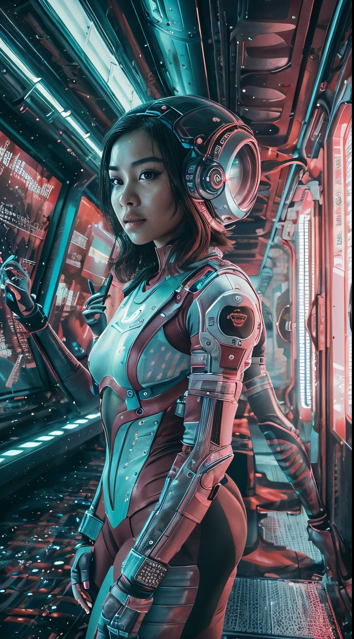 Transform the Malay girl into a sci-fi heroine, complete with futuristic attire and surroundings. Create a visually stunning scene reminiscent of iconic sci-fi movie posters, with advanced technology and a sense of adventure, 35mm, Over-the-shoulder shot, vibrant color grading, light leaks, depth of field cinematography effect, epic fantasy, ultra detail, high quality, 8k resolution.