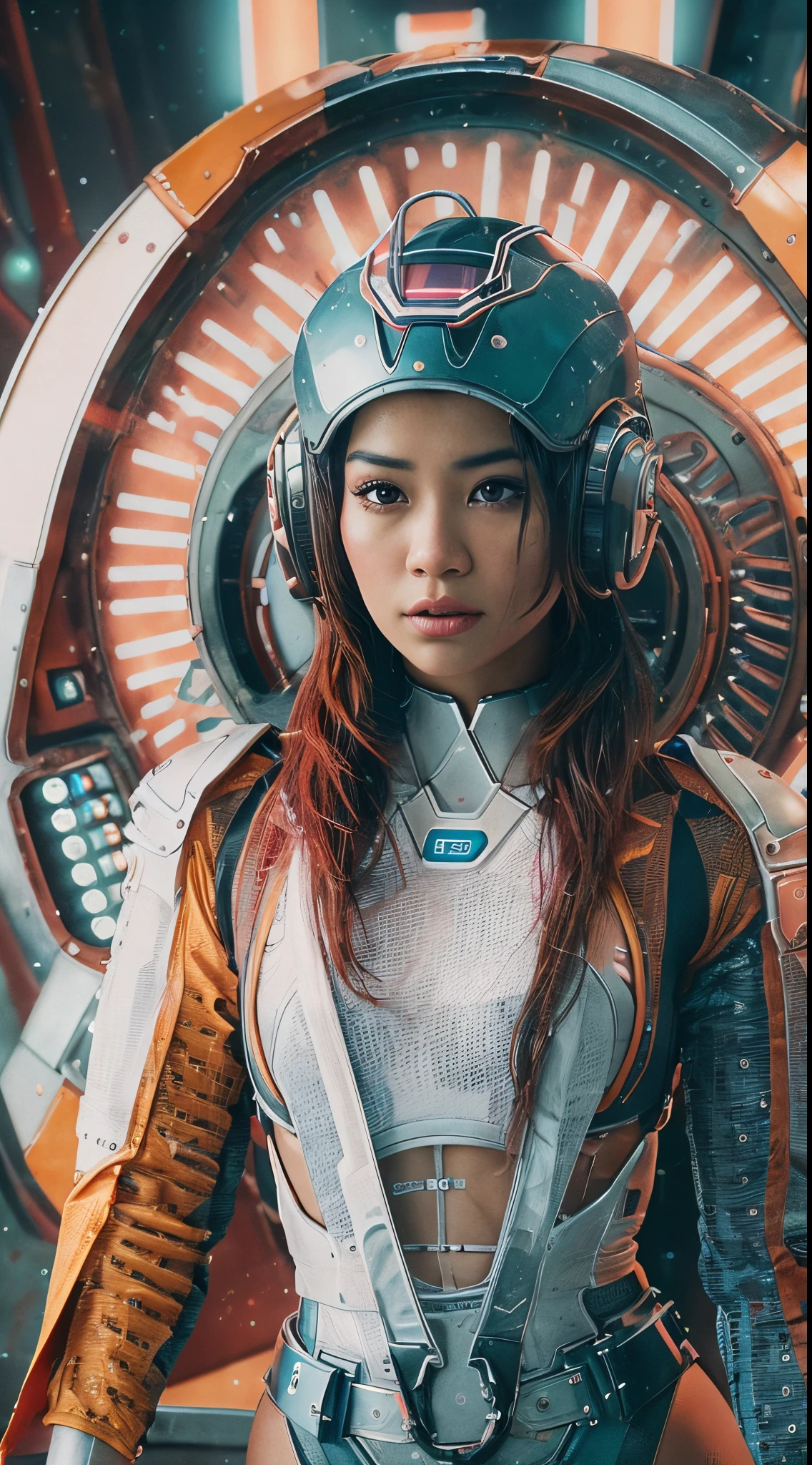 Transform the Malay girl into a sci-fi heroine, complete with futuristic attire and surroundings. Create a visually stunning scene reminiscent of iconic sci-fi movie posters, with advanced technology and a sense of adventure, 35mm, Over-the-shoulder shot, vibrant color grading, light leaks, depth of field cinematography effect, epic fantasy, ultra detail, high quality, 8k resolution.
