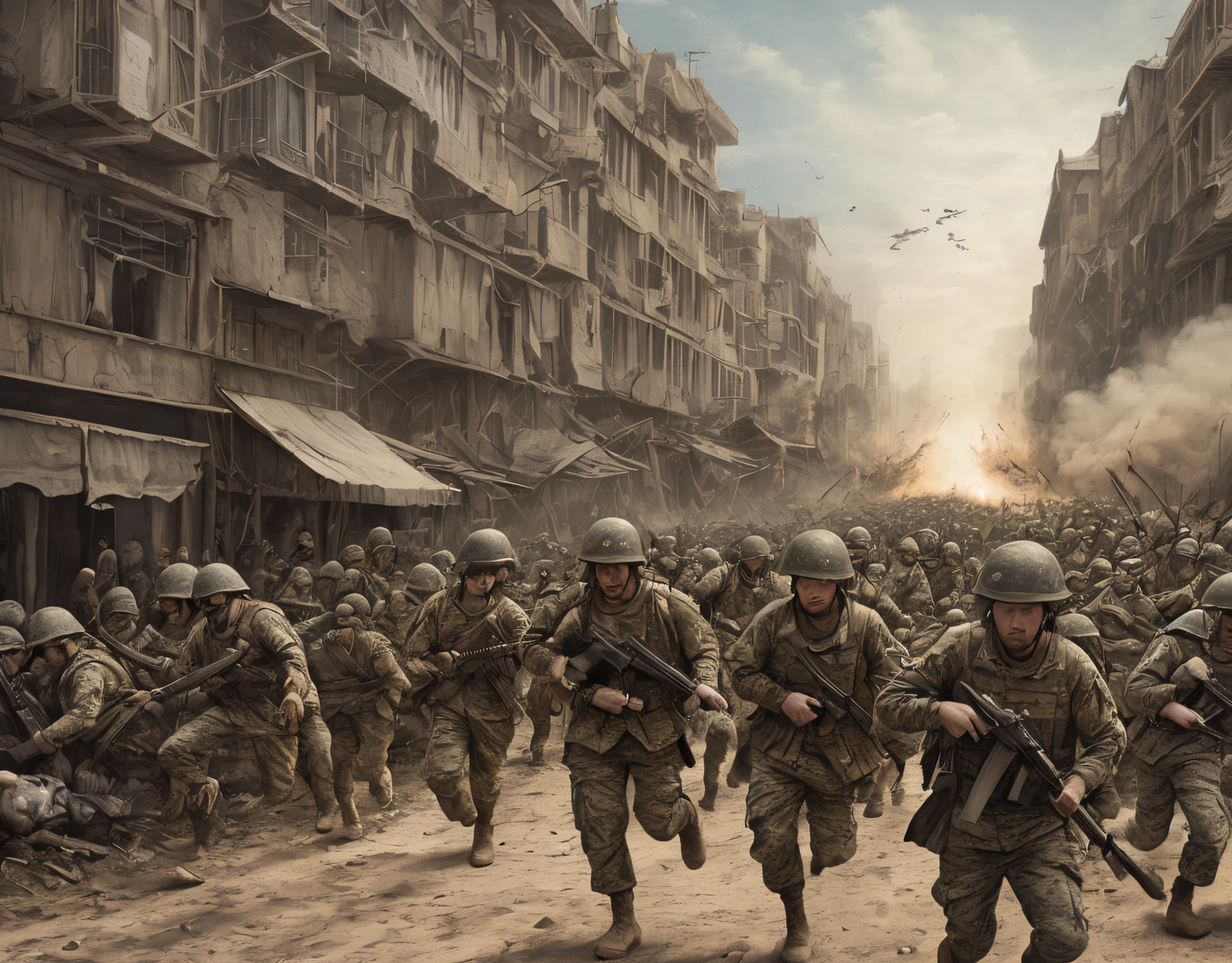 Create a picture for me where there is war in the foreground and people are fleeing in the background