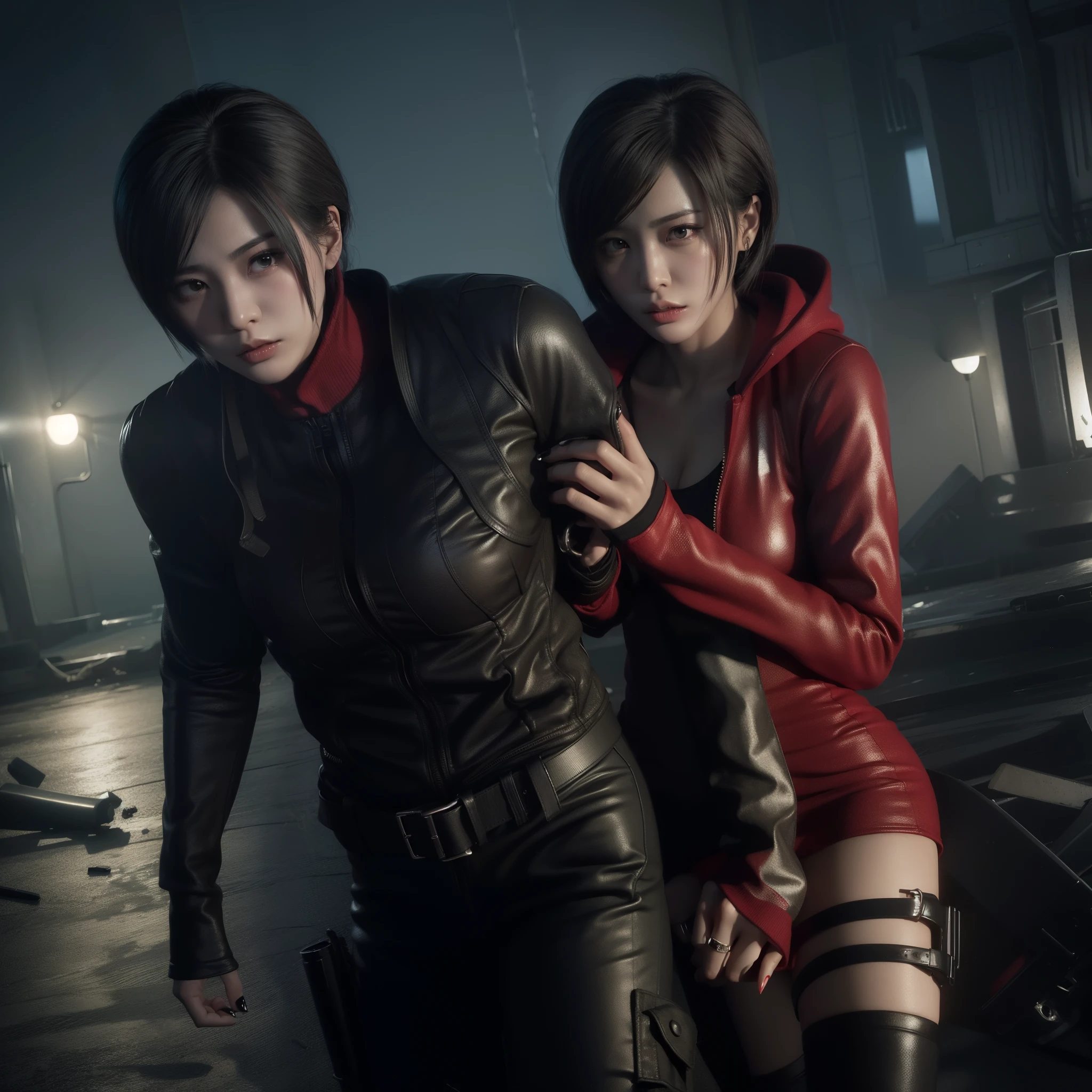 Woman, Ada wong, panic expression, glazed eyesz wearing mini reddress with hoody, black nails polish
