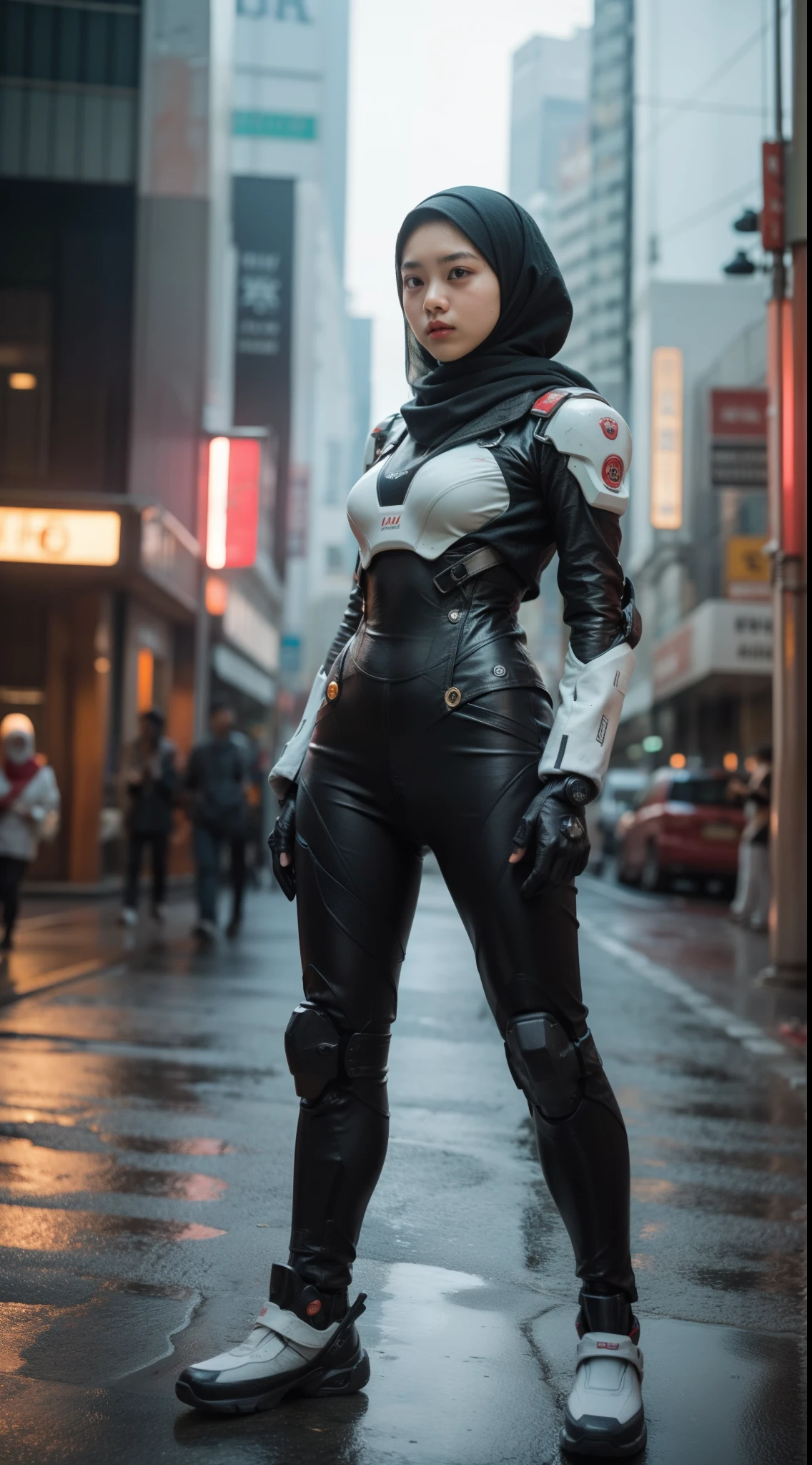 a malay teenage girl in hijab and mecha suit standing in action in front of bustling kuala lumpur malaysia city streets, serious face, nighttime, 35mm lens, Extreme close-up, pastel color grading, depth of field cinematography effect, film noir genre, 8k resolution, high quality, ultra detail