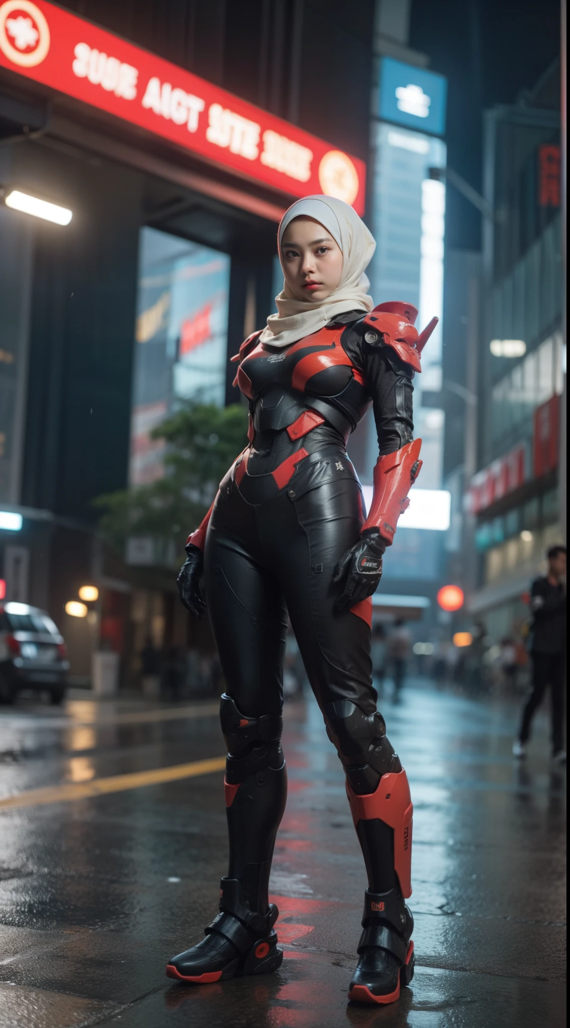 a malay teenage girl in hijab and mecha suit standing in action in front of bustling kuala lumpur malaysia city streets, serious face, nighttime, 35mm lens, Extreme close-up, pastel color grading, depth of field cinematography effect, film noir genre, 8k resolution, high quality, ultra detail