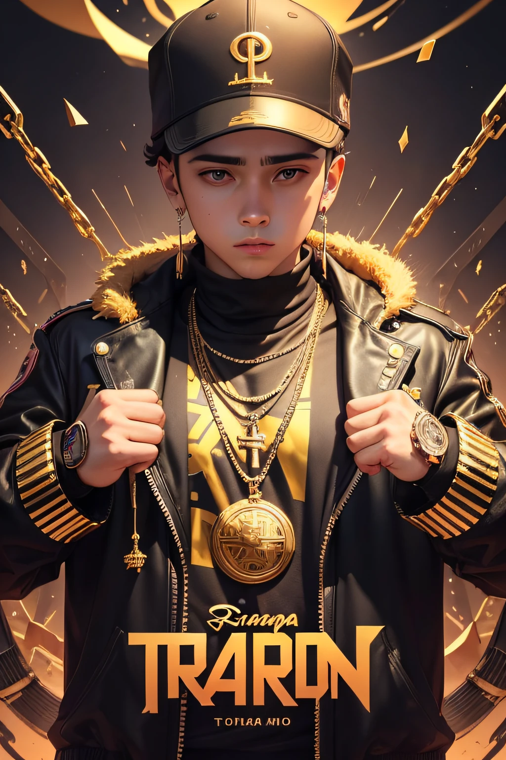 imagen para usar para una portada de un disco de musica trap que sera subido a youtube. trap, poder, infierno, MUSICA, BOY, dinero, Arte abstracto, oro, Cadenas, armas, maldad, lujos, joyas.