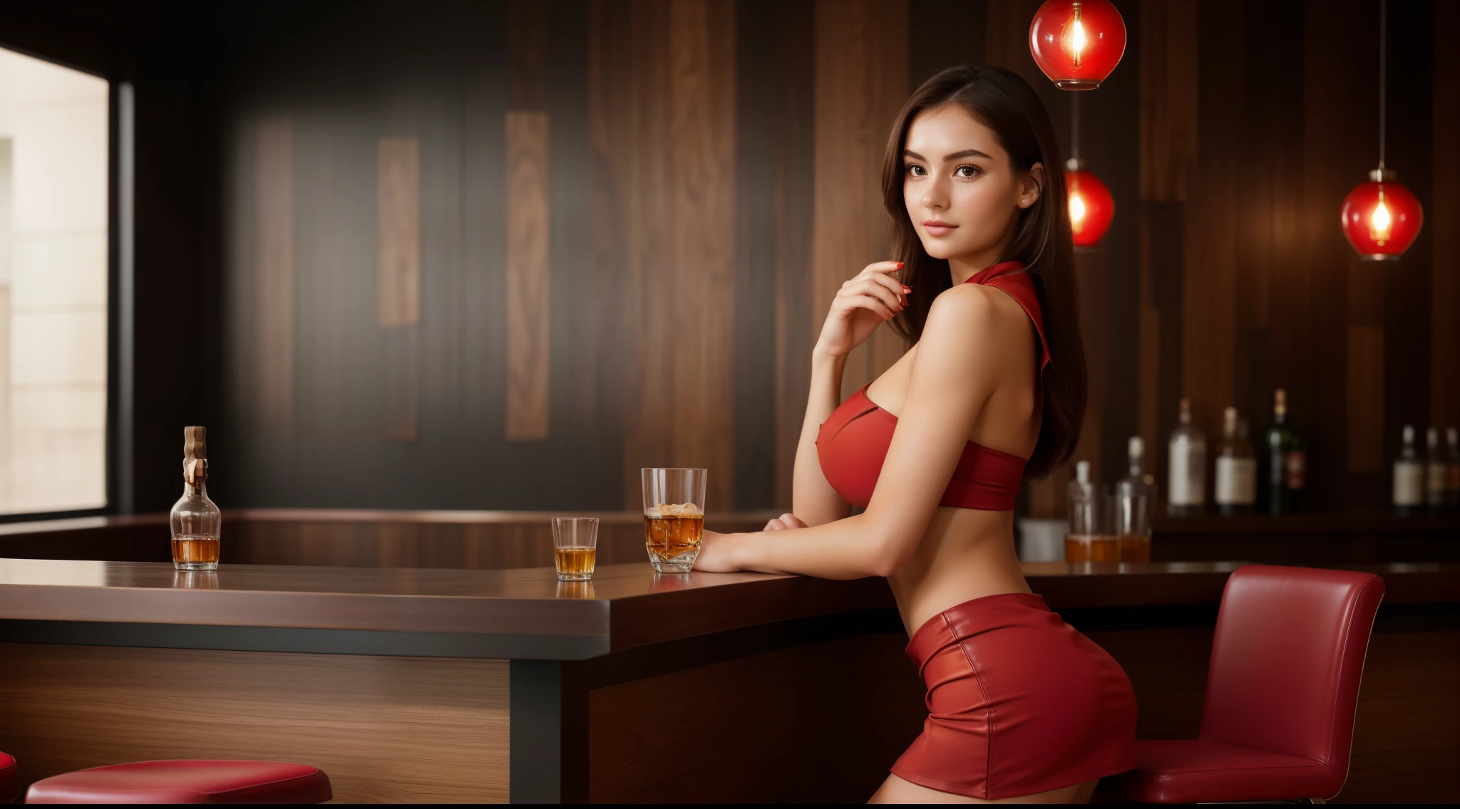 (a girl alone in a minimalist bar),(full-body,portrait,photography),(beautiful detailed eyes,beautiful detailed lips),18 years old,[the face is combination of (((irene1:1.2))) and (((Excella_er5:1.2)))],(sharp focus:1.5),pearl skin,(skin pores:1.1),extremely detailed face and skin texture,(skin texture:1.1),black hair,tall and slender body,(192cm tall),thin and delicate figure,graceful posture,strong and defined muscles,flawless skin,defined abs,perfect curves,feminine appearance,embodying elegance and beauty,cleavage breasts,large breasts,((wearing a (red:1.4) business-suit and (red:1.4) ultra-short miniskirt:1.2)),(soft painting style:1.2),(warm color tones),(subtle and moody lighting),whiskey glass,leather bar stool,toasted wooden counter,abstract wall art,reflection on the bar counter,blurred background,soft music in the background,relaxing atmosphere,subdued conversation in the distance,calm and introspective expression on the girl's face,dark wood decor,dimmed lights,candlelight,subtle smoke from the whiskey glass,distinctive whiskey aroma,quiet and cozy corner