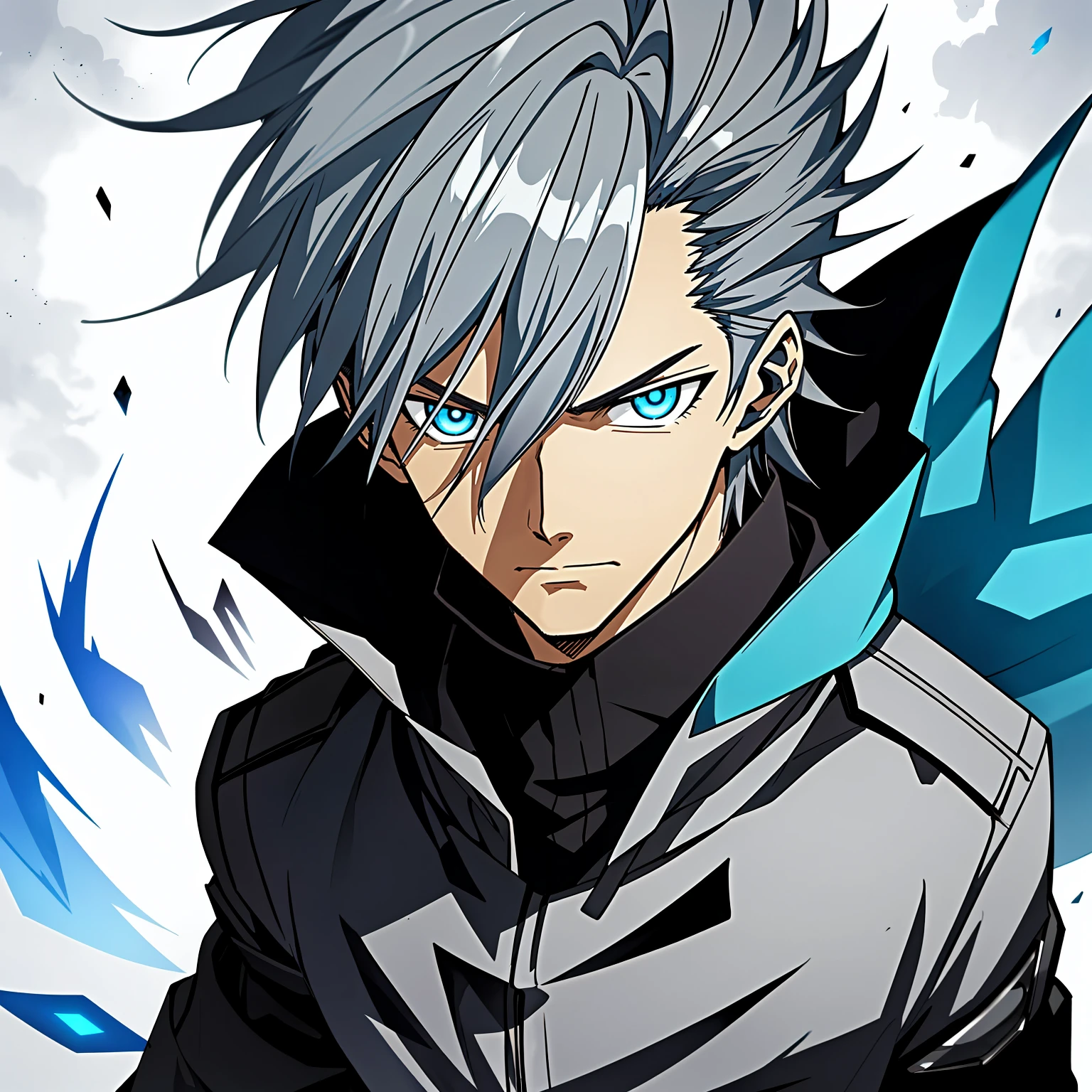 Silver-gray hair、blue color eyes、Wearing black jacket and blue flames, Key anime art, male anime characters