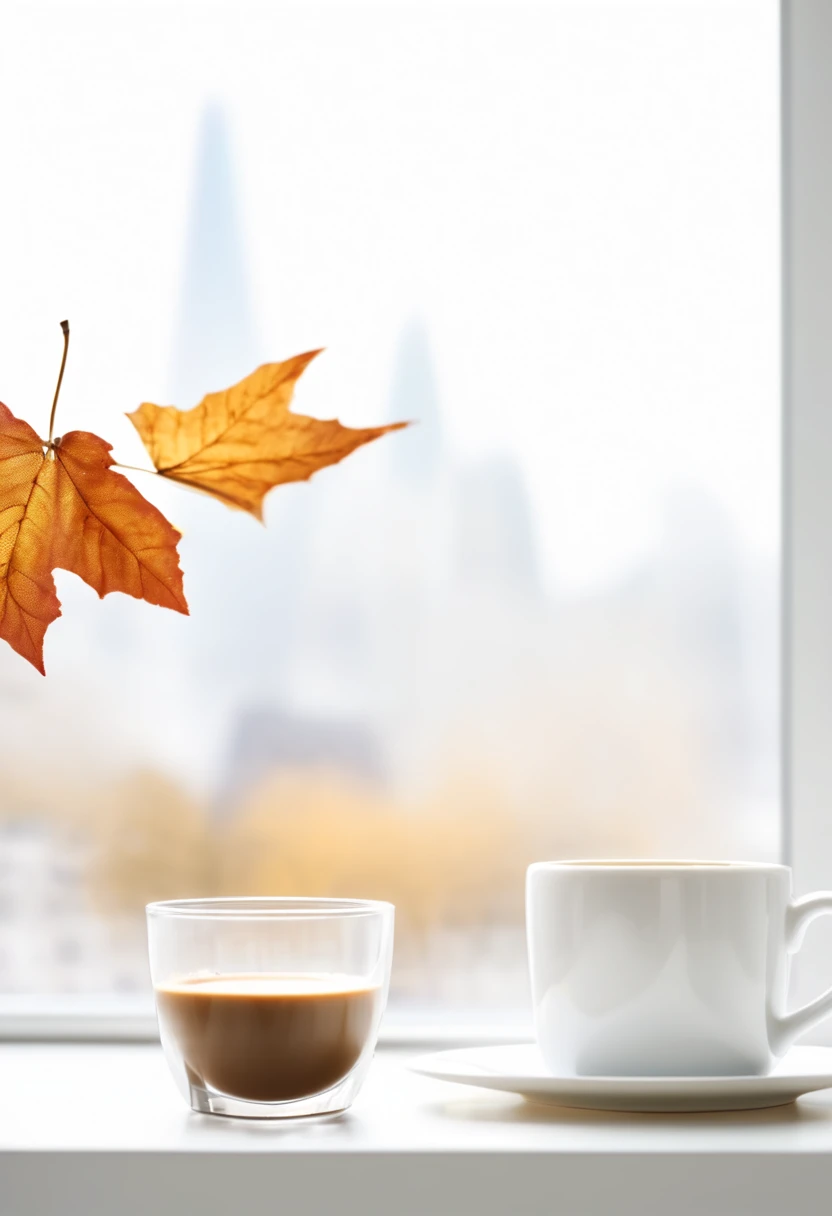 City autumn, windowsill, drinking coffee, hot air, close-up coffee, triangular composition, still life advertising, white screen slightly fluttering, Canon 5D4