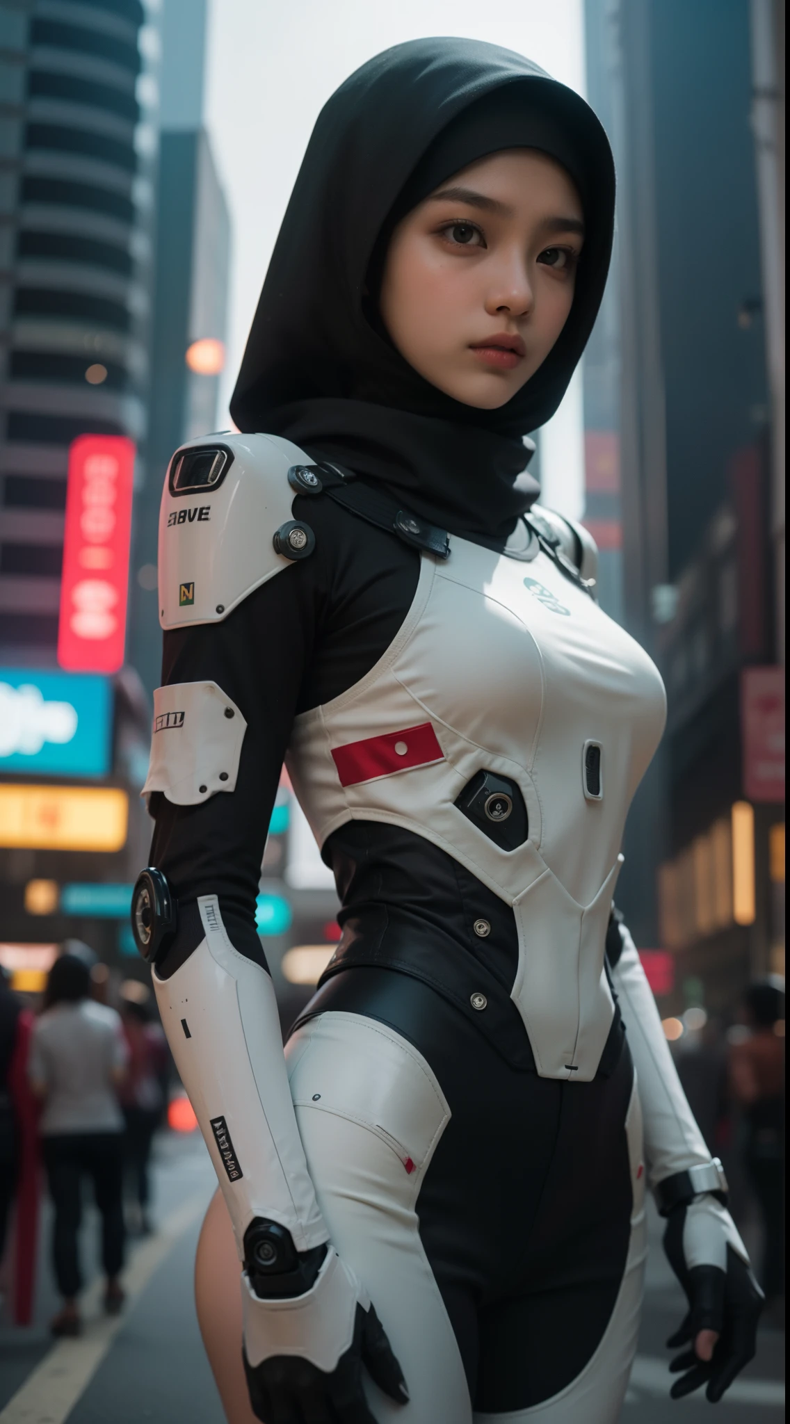 a malay teenage girl in hijab and mecha suit standing in action in front of bustling kuala lumpur malaysia city streets, serious face, nighttime, 35mm lens, Extreme close-up, pastel color grading, depth of field cinematography effect, film noir genre, 8k resolution, high quality, ultra detail