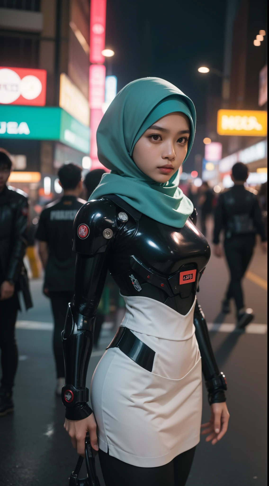 a malay teenage girl in hijab and mecha suit standing in action in front of bustling kuala lumpur malaysia city streets, serious face, nighttime, 35mm lens, Extreme close-up, pastel color grading, depth of field cinematography effect, film noir genre, 8k resolution, high quality, ultra detail