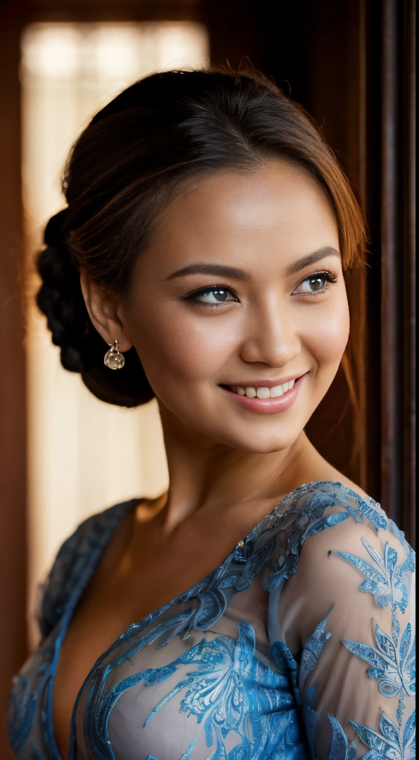 (A woman:1.5), (wearing long sleeve transparent kebaya with detailed ornate filigree, batik sarong), (elegant pose:1.4) in the morning in the traditional javanese palace, beautiful detailed eyes, grey blue eyes, beautiful face, detailed face, look at me, braid hair, s-line postures, droopy large breast, (low angle view:1.3, seen from below, extreme close up:1.2), breast focus, sunlight streaming through the building, cheerful ambient, colorful atmosphere, vivid colors, natural beauty, youthful energy