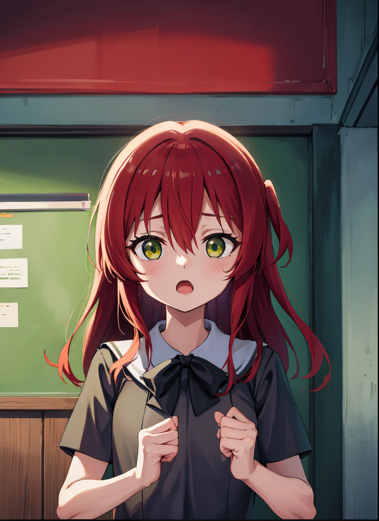 kitaikuyo, ikuyo kita, (green eyes:1.5), hair between eyes, long hair, one side up, red hair, (flat chest:1.2),
BREAK black footwear, black skirt, grey sailor collar, pleated skirt, sailor collar, school uniform, shoes, short sleeves, shuka high school uniform, skirt,,
BREAK looking at viewer,
BREAK indoors, classroom,
BREAK (masterpiece:1.2), best quality, high resolution, unity 8k wallpaper, (illustration:0.8), (beautiful detailed eyes:1.6), extremely detailed face, perfect lighting, extremely detailed CG, (perfect hands, perfect anatomy),up chest.big breasts.Sad face.open mouth.