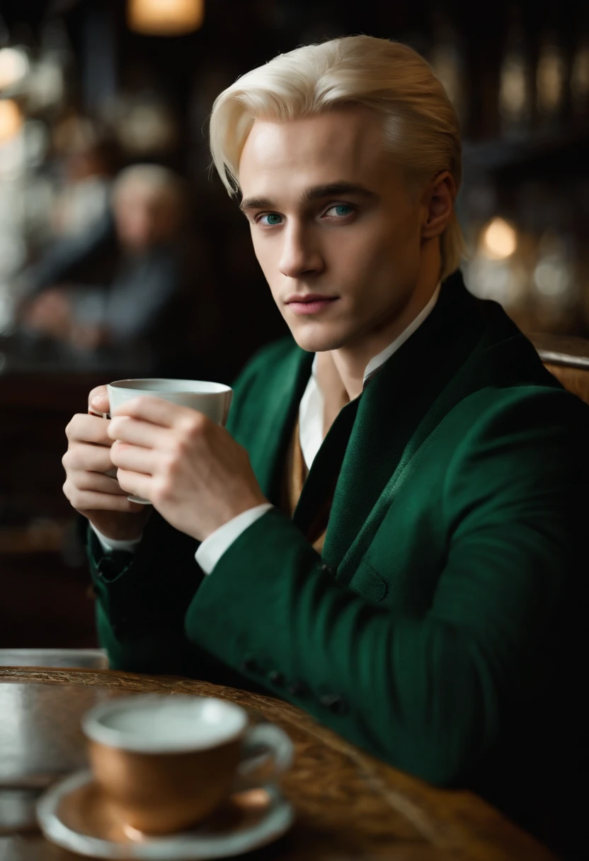 A photo of Draco Malfoy sitting in a high-end wizarding cafe, sipping a meticulously brewed cup of exotic magical tea.,Harry Potter series,Draco is tall with neat platinum blonde hair, icy blue eyes, wears Slytherin Hogwarts robes, famously portrayed by Tom Felton