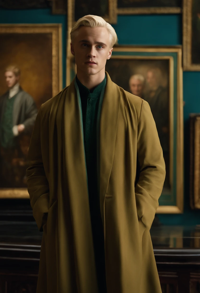 A photo of Draco Malfoy standing in front of a prestigious art gallery, examining a rare magical painting with a critical expression.,Harry Potter series,Draco is tall with neat platinum blonde hair, icy blue eyes, wears Slytherin Hogwarts robes, famously portrayed by Tom Felton