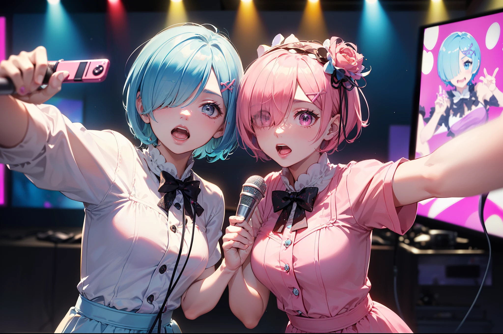 masterpiece, (2girls), couple, ((ram \(re:zero\), (pink hair), (hair tie)), (remrin:0.9), ramchi, (rem_re_zero, (light blue hair), (hair tie)), (short hair:1.5), (hair over one eye:1.3):1.4), (wearing modern clothes:1.5), boobs, (singing face expression:1.3), (singing face:1.2), (holding microphone in hands, microphone near mouth, singing in microphone:1.6), (detailed body, detailed hands, detailed faces:1.3), (selfie:1.45), (looking to the screen, singing in karaoke:1.5), Korean karaoke bar background