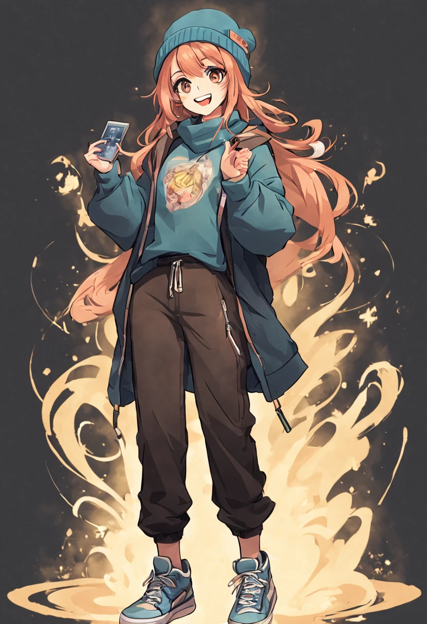 handrawn anime style, girl who is fantasy writer wearing a beanie with a notebook and walkman, full body dressed in casual, pants and sneakers, doing a magic ritual big grin expression, looking at camera , no background no colour.