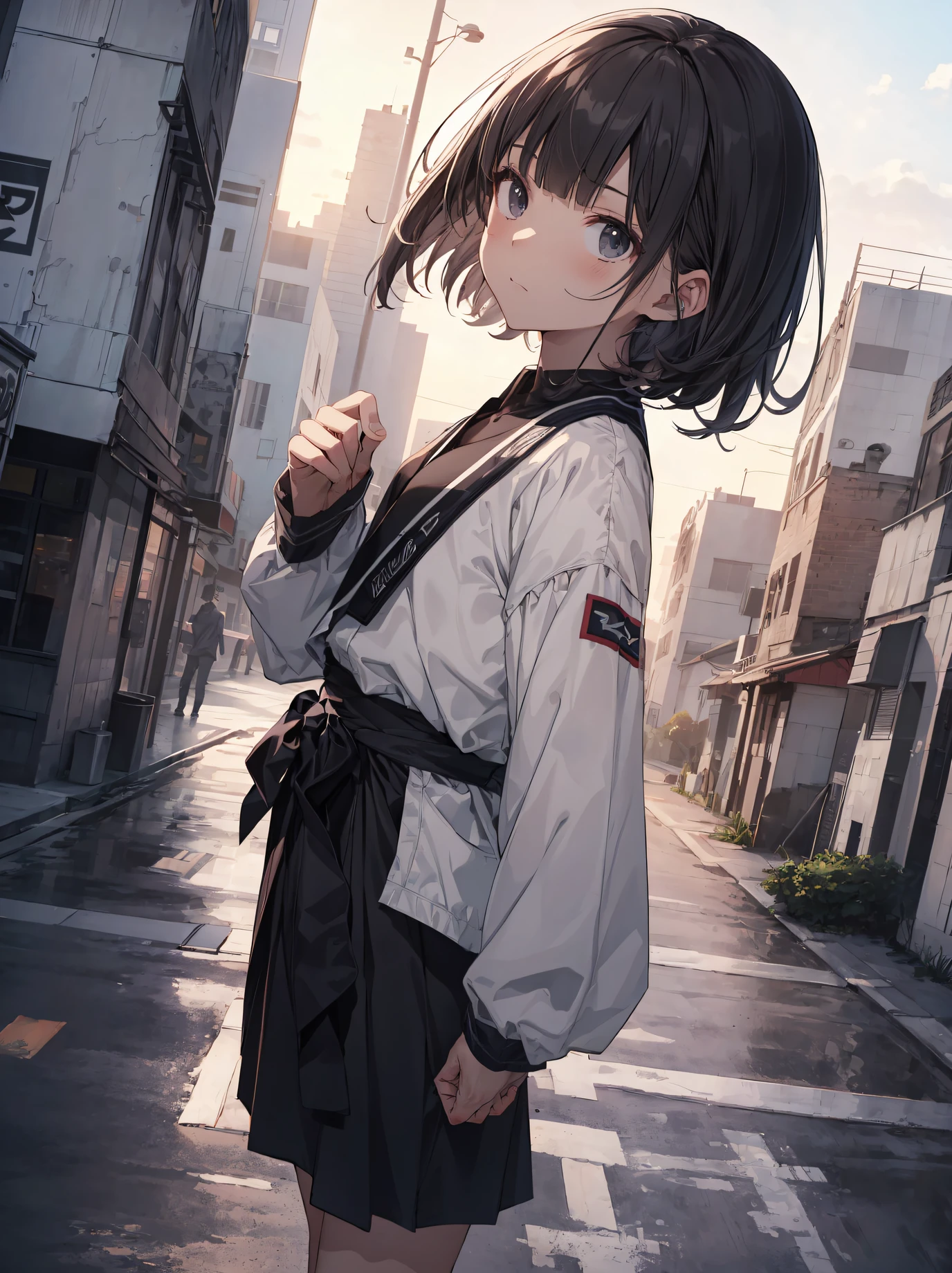 God quality, anime moe artstyle,best anime 8k konachan wallpaper,badass anime 8k,perfect anatomy, (Please draw a picture of a ninja girl looking down on the city from the rooftop.)from above and side,dutch angle,break, 1girl, (Solo,Loli,,13-ye-ol3), aogynous charm, (Very Short hair), blunt bangs, Full limbs, complete fingers,flat chest, Small butt, groin, Small eyes,finely 8k detailed beautiful black eyes, kunoichi uniform, stand on the skyscraper rooftop. break,ultra-detailed,high resolution,super detailed skin, professional lighting, (cool illustration:1.2),