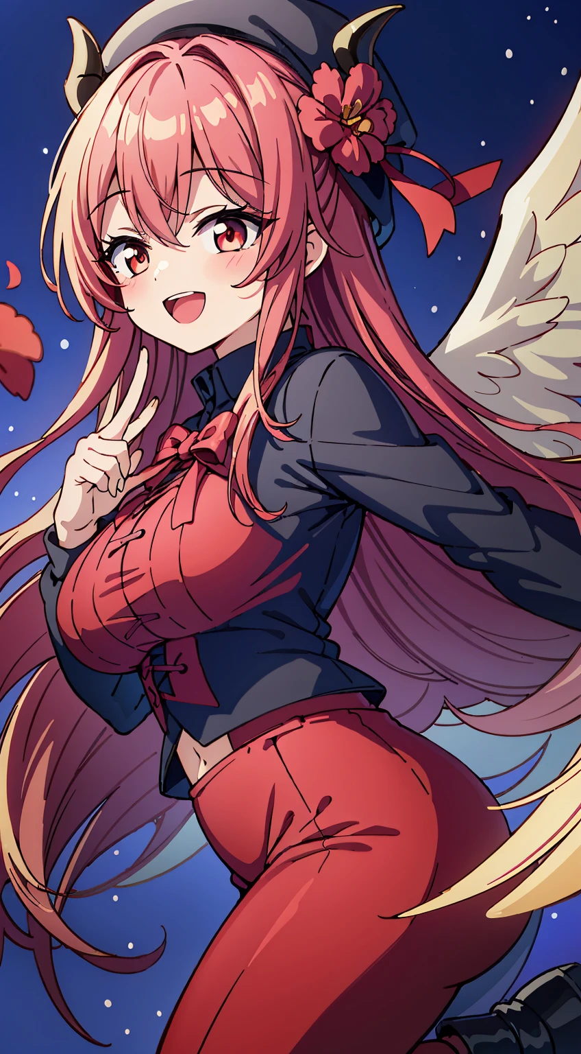Japan Anime Styles 2019,Masterpieces,Best Quality,Ultimate detailed illustration,Red tone illustration, BREAK, 1 beautiful girl, (Beauty:1.5),(Chibi:0.5),(kawaii:2.0),(Cool:2.0),((17 year old girl),(Solo:1.65),BREAK, (huge-breasted:1.2,), Clear skin, Beautiful skin, Shy, 1 beautiful woman,Demons,Colossal tits(Hair Bow, Red hair, Long hair, flipped hair, hair messy,Wings of an angel on the back, Demon King's horn on the head:1.2), (Red Eyes, long eyelashes, Double eyelids: 1.2), Shiny skin,de pele branca,dial,(best quality face),(Top quality glowing eyes),(The best smile,:D:1.45), BREAK ,
(Big size long sleeve knit:1.2), (Palazzo pants:1.1), long boots, Beanie hat BREAK
(Red Ribbon, bow ribbon:1.3),
BREAK
(Black leather shoes:1.1),
BREAK
(Red Flower Hair Ornament:1.2),
BREAK, (simple background,white backgrounid:1.35),鎖骨,Hair intake, Hand up, Navel, Parted lips, Solo, Stomach,architecture, Standing, thighs thighs thighs thighs, \(Fate\), Twilight,Happy,Laugh,blush,Opened mouth,Closed eyes,Backlighting,Waterfall,depth of fields,
BREAK,wakame,wakame,wakame,(Dynamic Angle:1.4),
BREAK,(Blurry background:1.3),(absurderes, hight resolution, Super Detail Art),cel shading,Clear Color, Lonely optical effect, Beautiful pictures, Bright glow, mystic atmosphere,(Close-up of girl:1.1), Mystical light particle effect,manga influence, clean line drawings,